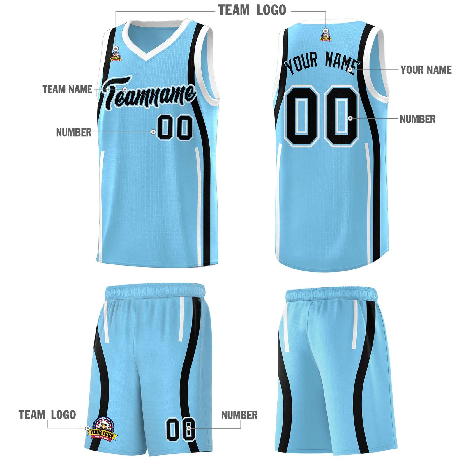 Custom Light Blue Black-White Ribbon Pattern Basketball Kits