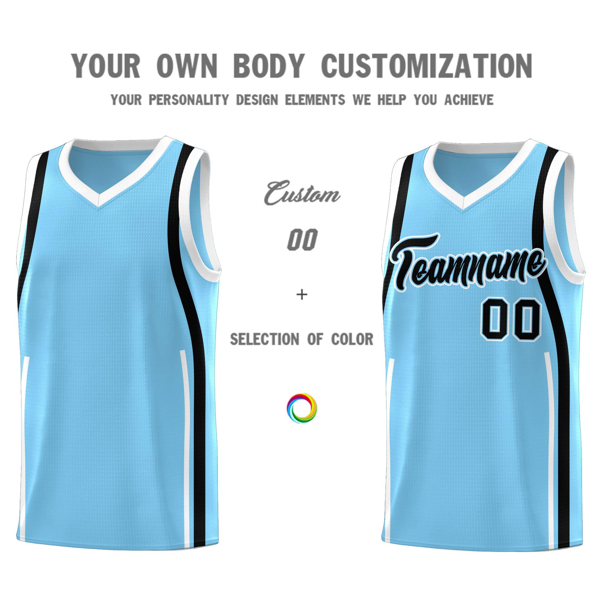 Custom Light Blue Black-White Ribbon Pattern Basketball Kits
