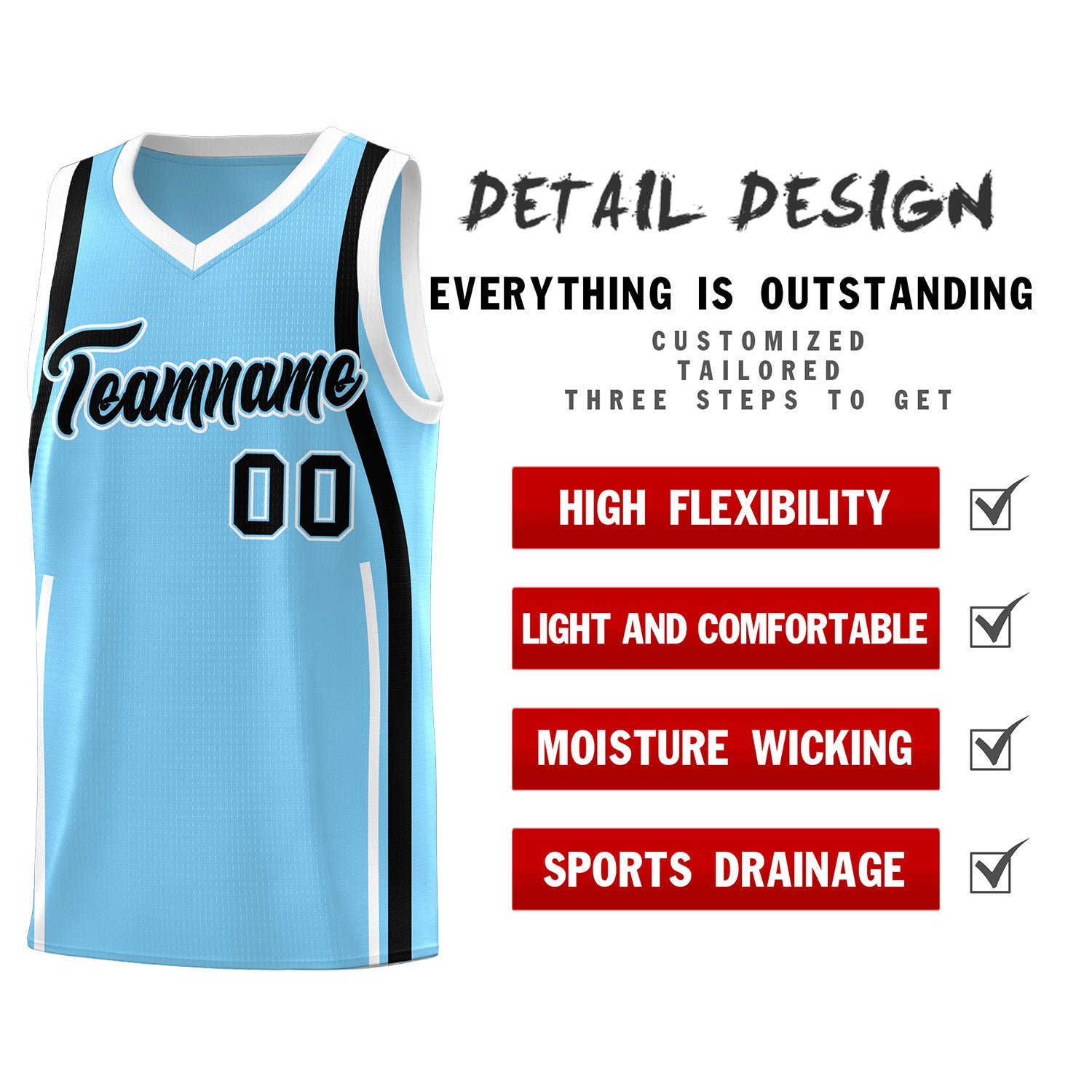 Custom Light Blue Black-White Ribbon Pattern Basketball Kits