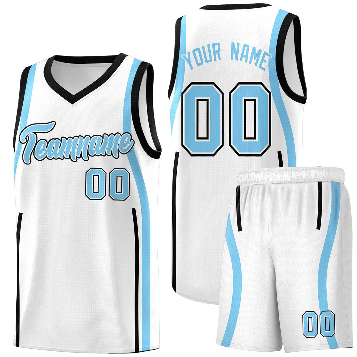 Custom White Light Blue-Black Ribbon Pattern Basketball Kits