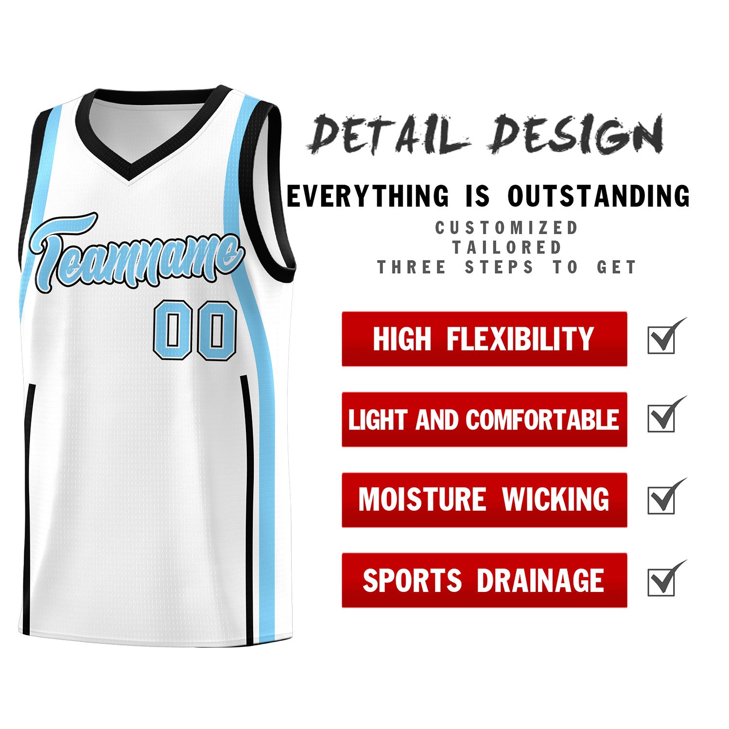 Custom White Light Blue-Black Ribbon Pattern Basketball Kits