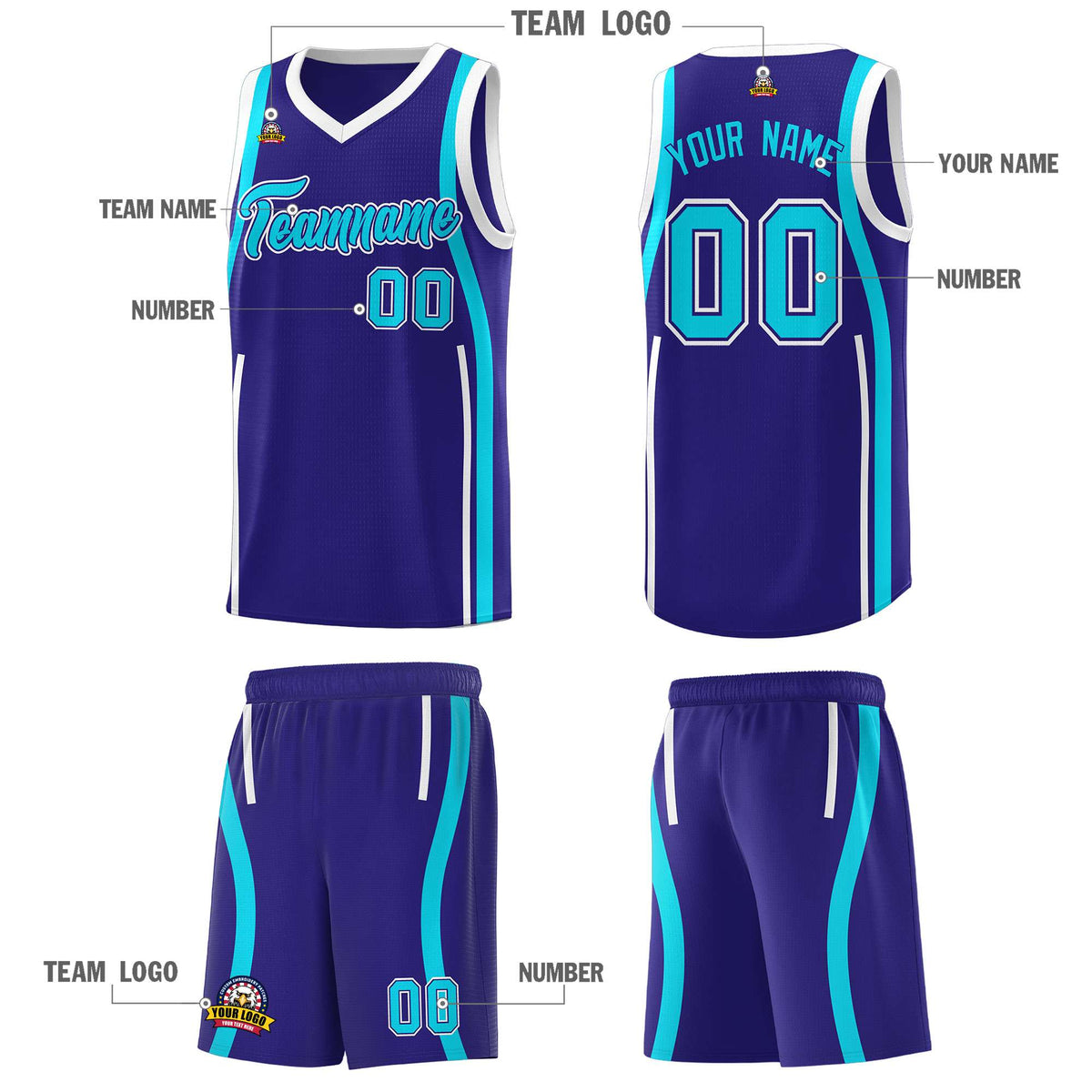 Custom Royal Sky Blue-White Ribbon Pattern Basketball Kits