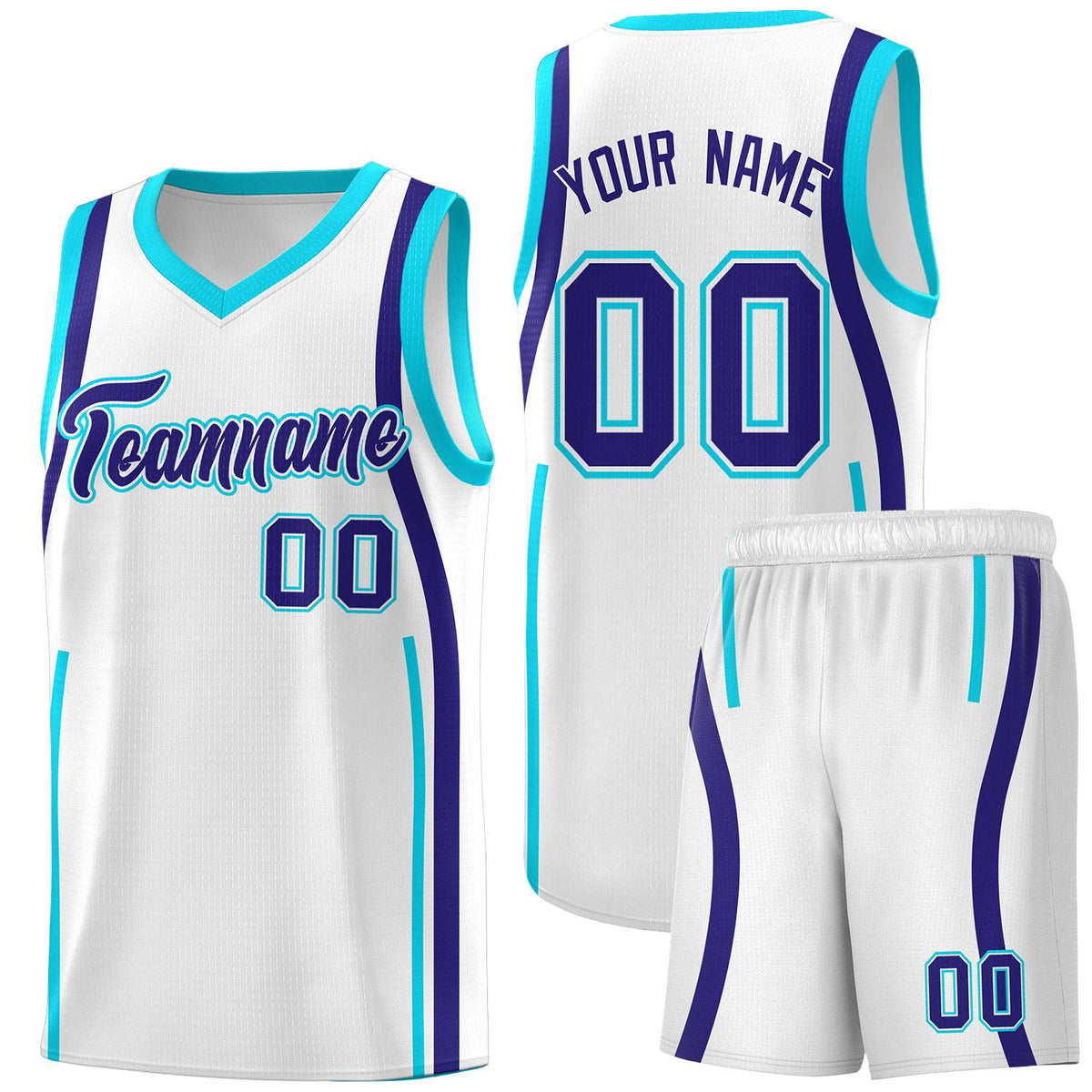 Custom White Sky Blue-Royal Ribbon Pattern Basketball Kits
