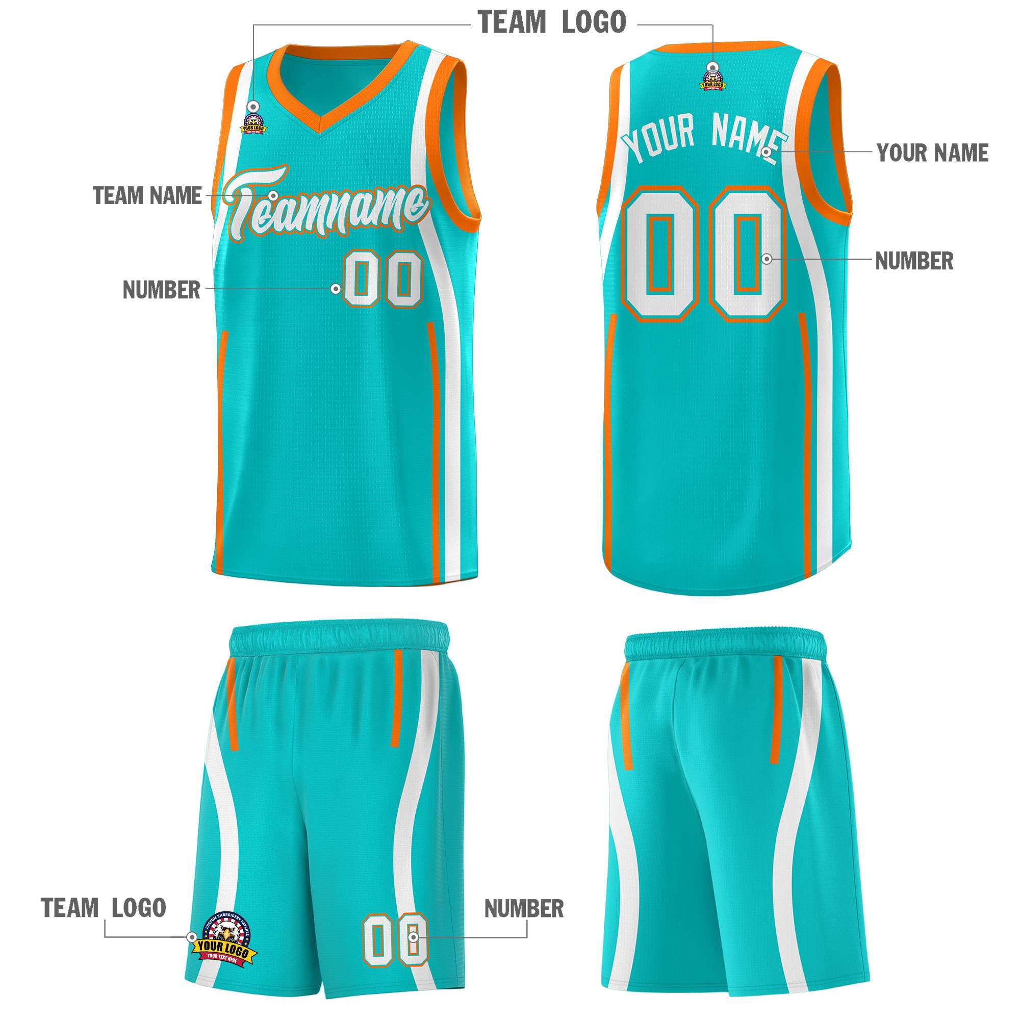 Custom Aqua Orange-White Ribbon Pattern Basketball Kits