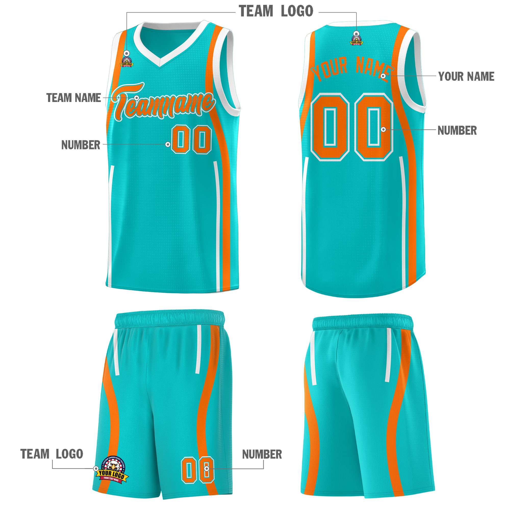 Custom Aqua Orange-White Ribbon Pattern Basketball Kits
