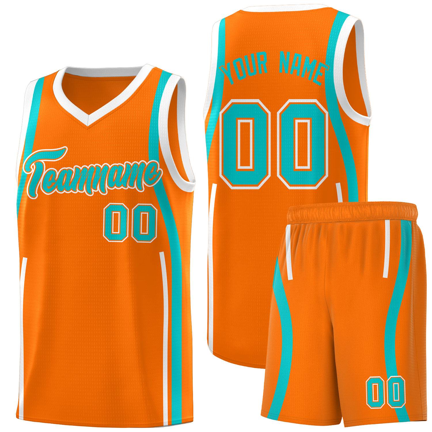 Custom Orange Aqua-White Ribbon Pattern Basketball Kits