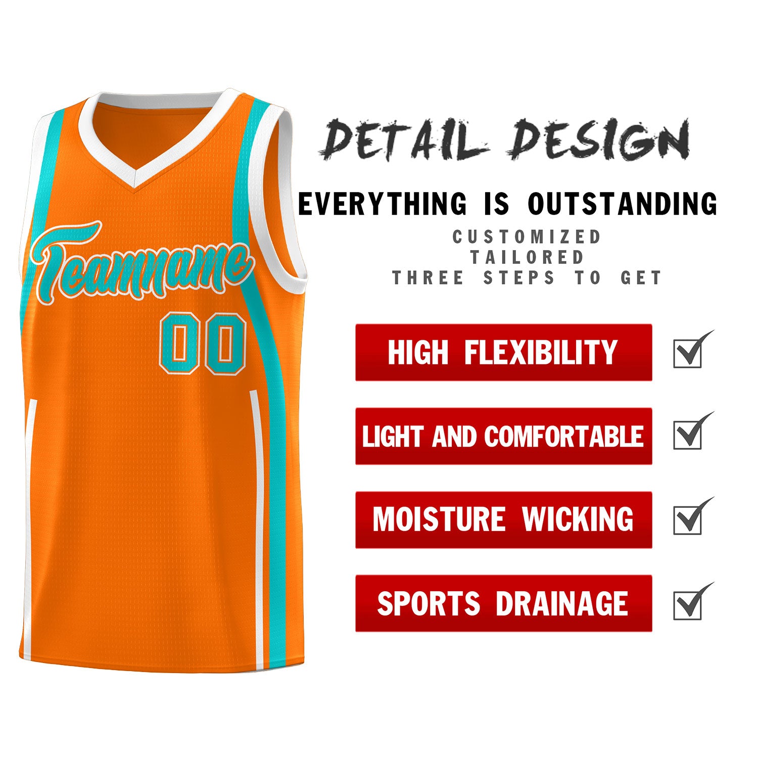 Custom Orange Aqua-White Ribbon Pattern Basketball Kits