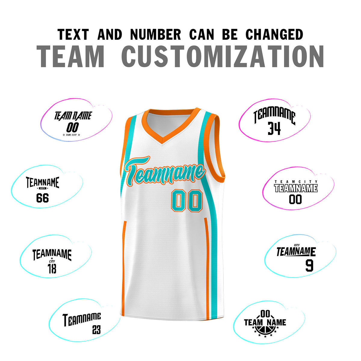 Custom White Aqua-Orange Ribbon Pattern Basketball Kits
