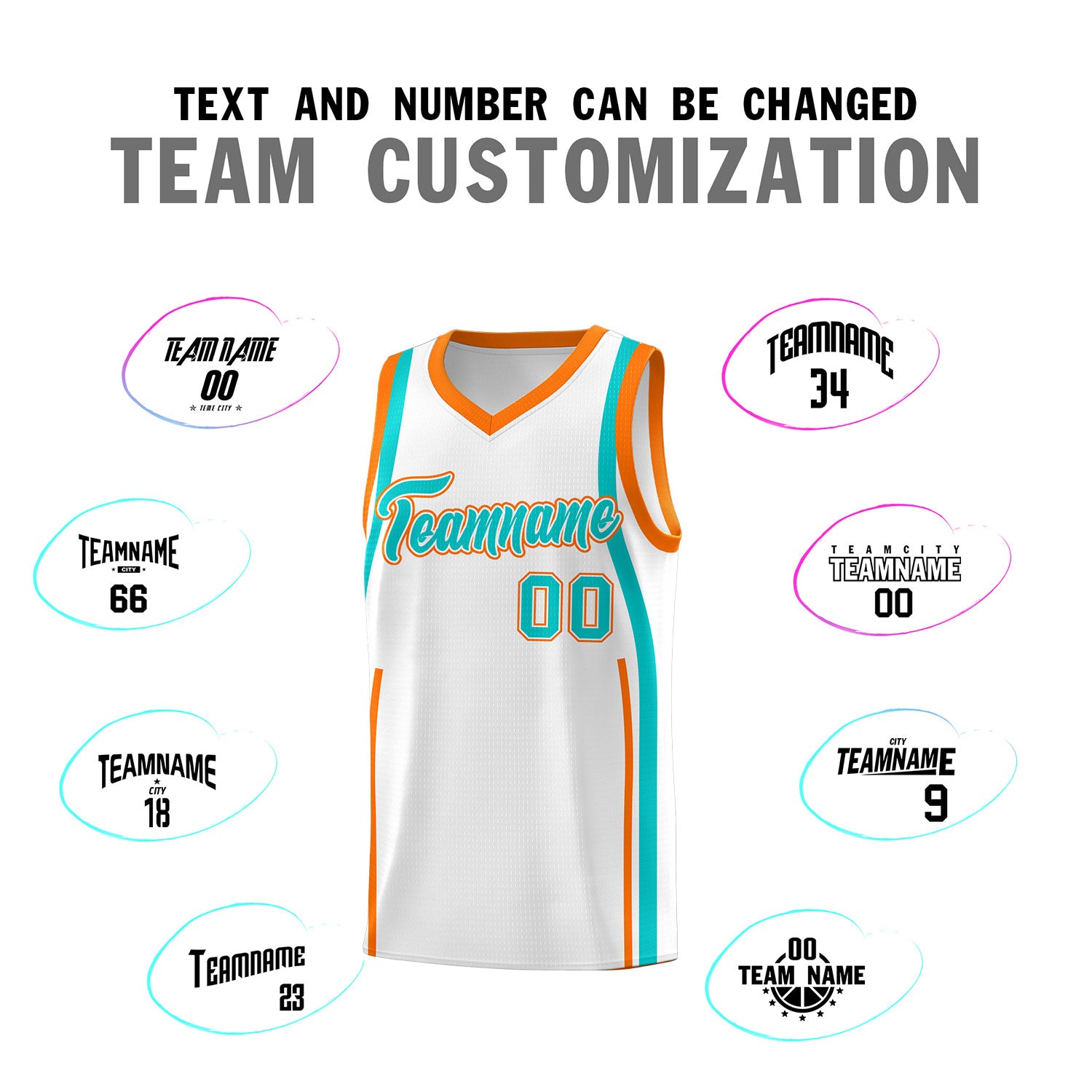 Custom White Aqua-Orange Ribbon Pattern Basketball Kits
