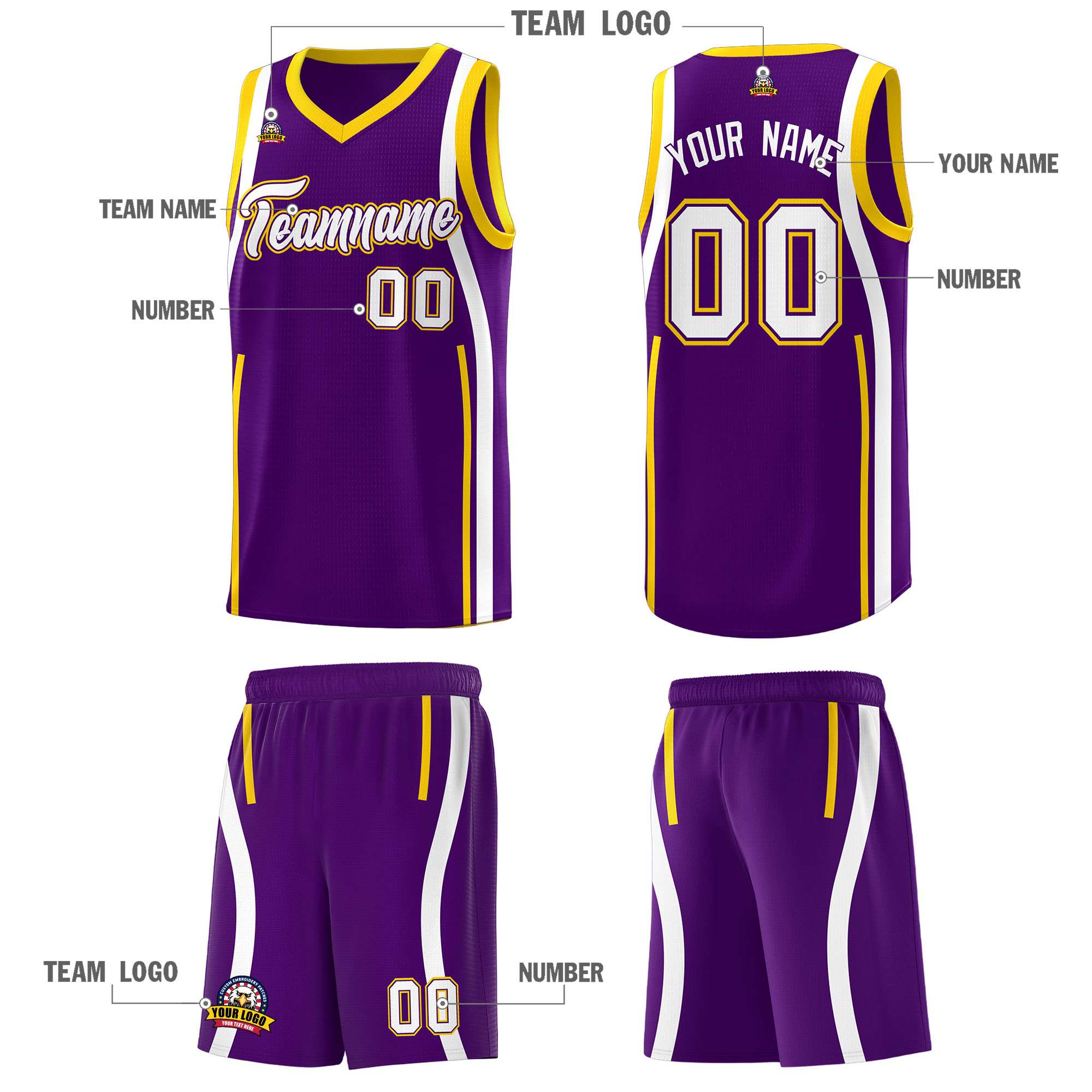 Custom Purple White-Gold Ribbon Pattern Basketball Kits
