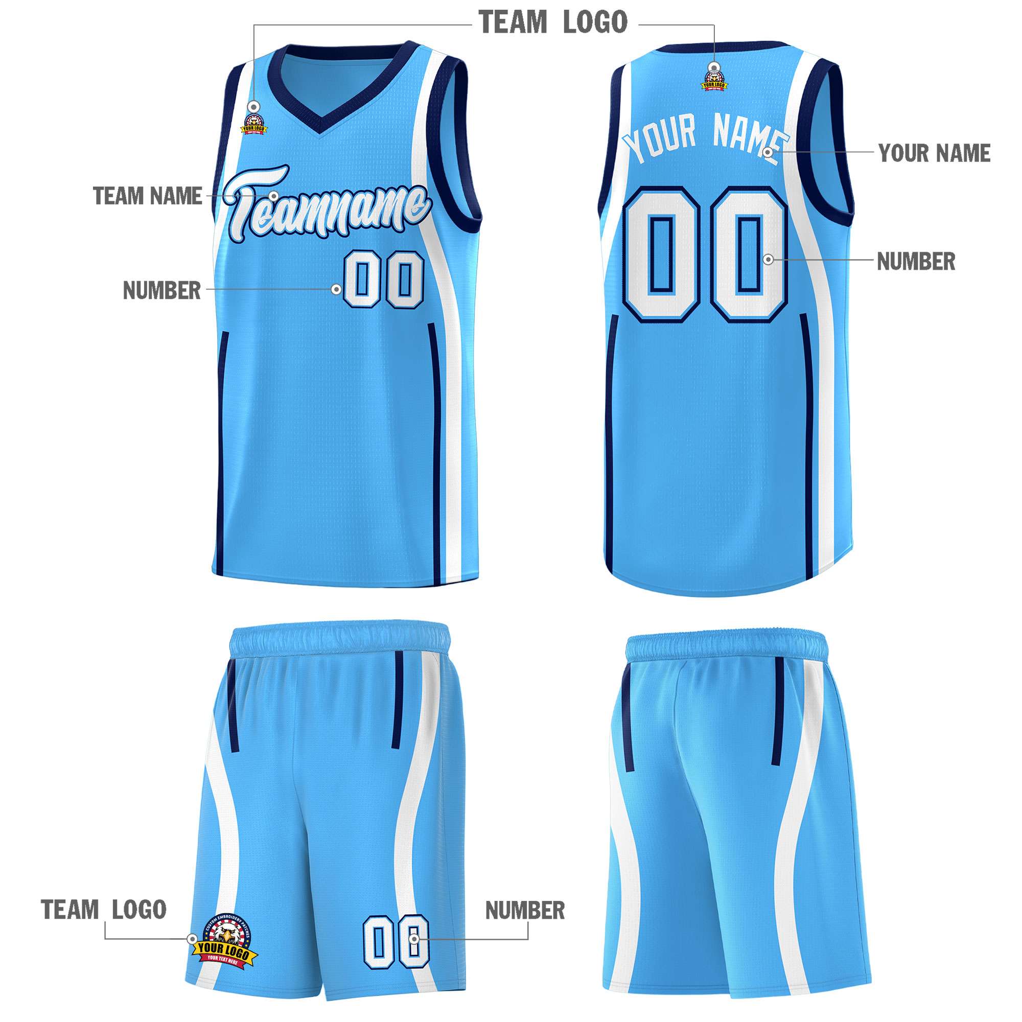Custom Powder Blue Navy-White Ribbon Pattern Basketball Kits