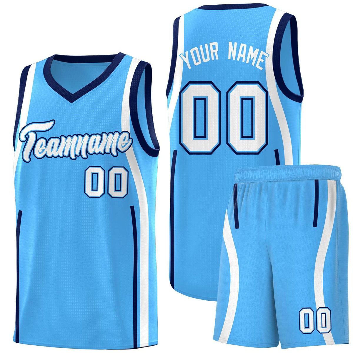 Custom Powder Blue Navy-White Ribbon Pattern Basketball Kits