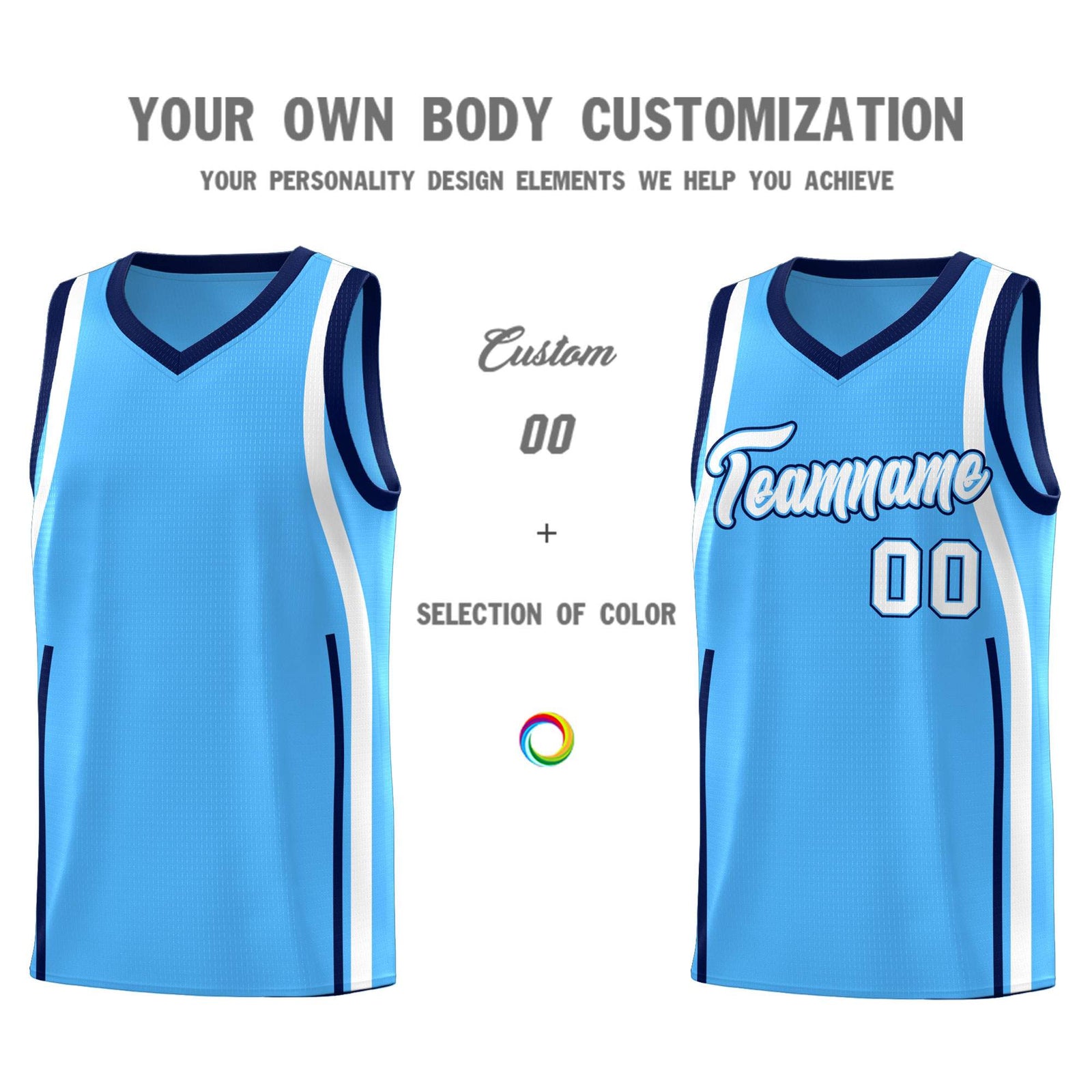 Custom Powder Blue Navy-White Ribbon Pattern Basketball Kits