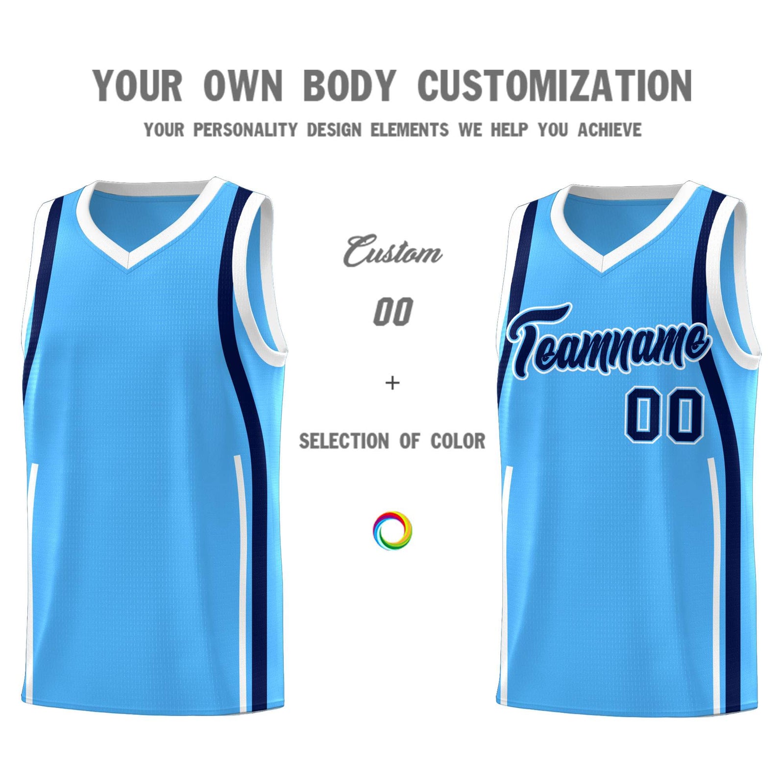Custom Powder Blue Navy-White Ribbon Pattern Basketball Kits