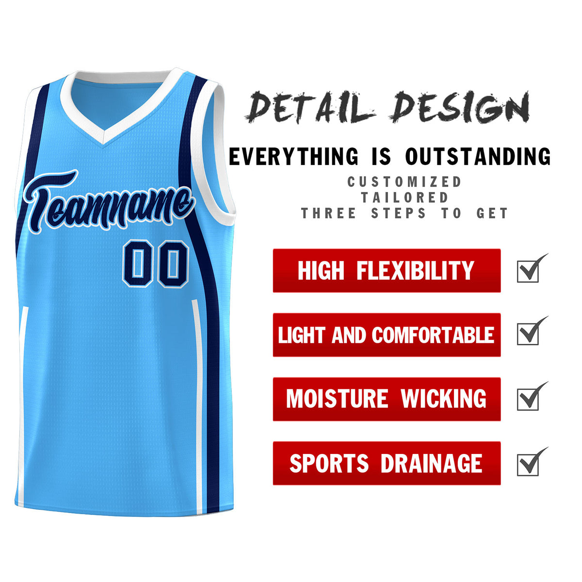 Custom Powder Blue Navy-White Ribbon Pattern Basketball Kits