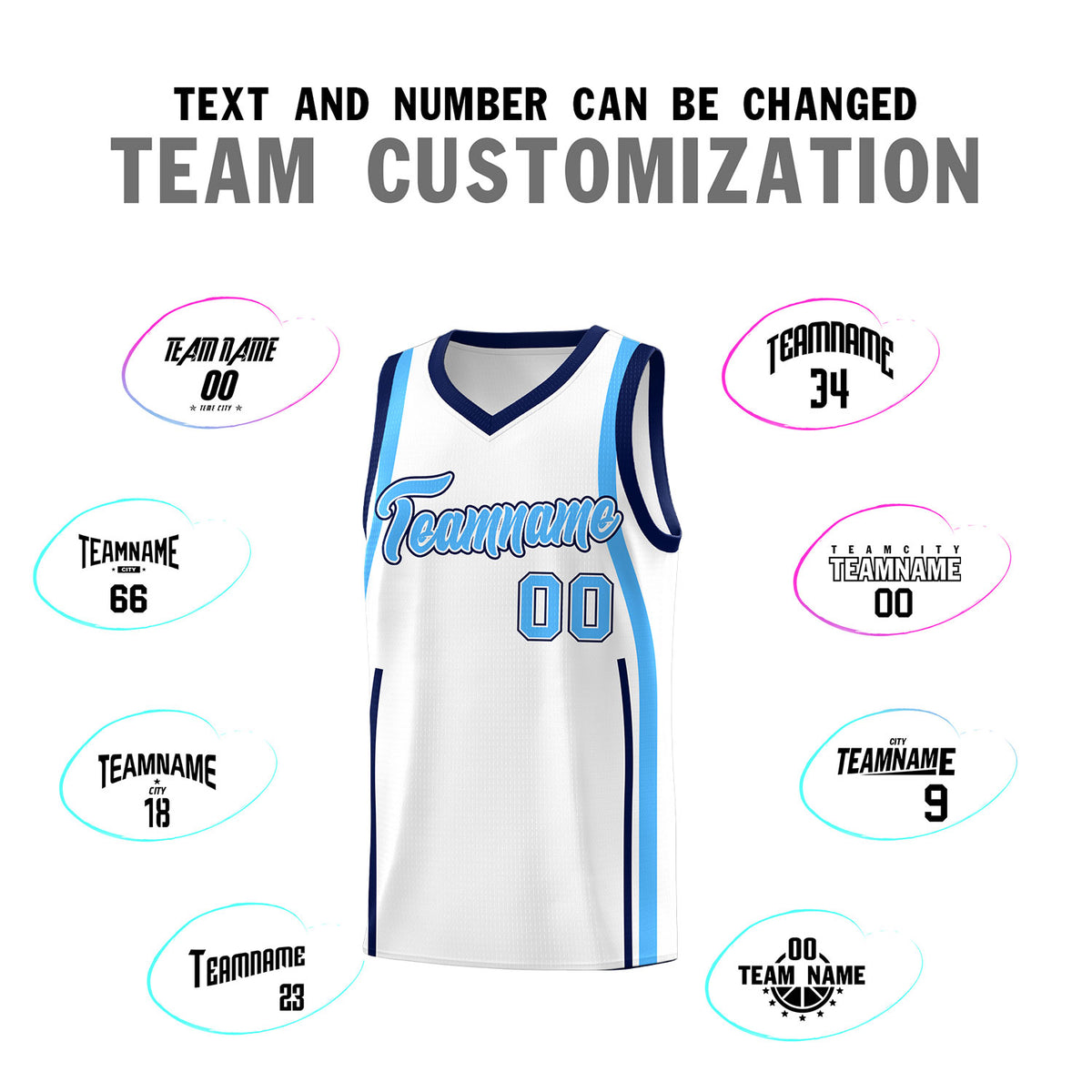 Custom White Powder Blue-Navy Ribbon Pattern Basketball Kits