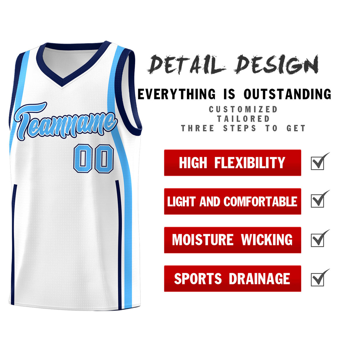 Custom White Powder Blue-Navy Ribbon Pattern Basketball Kits