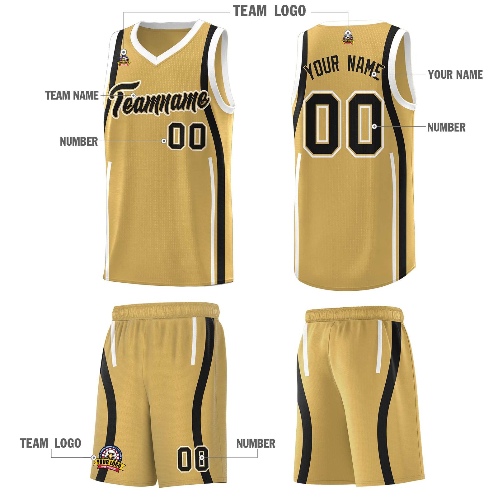 Custom Old Gold Black-White Ribbon Pattern Basketball Kits
