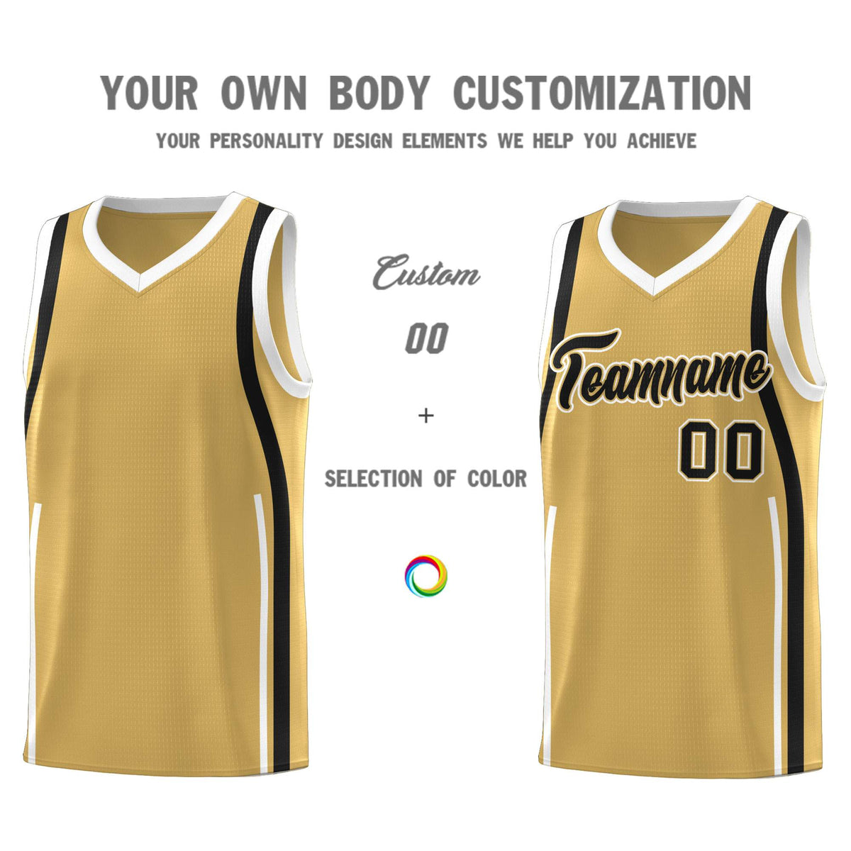 Custom Old Gold Black-White Ribbon Pattern Basketball Kits
