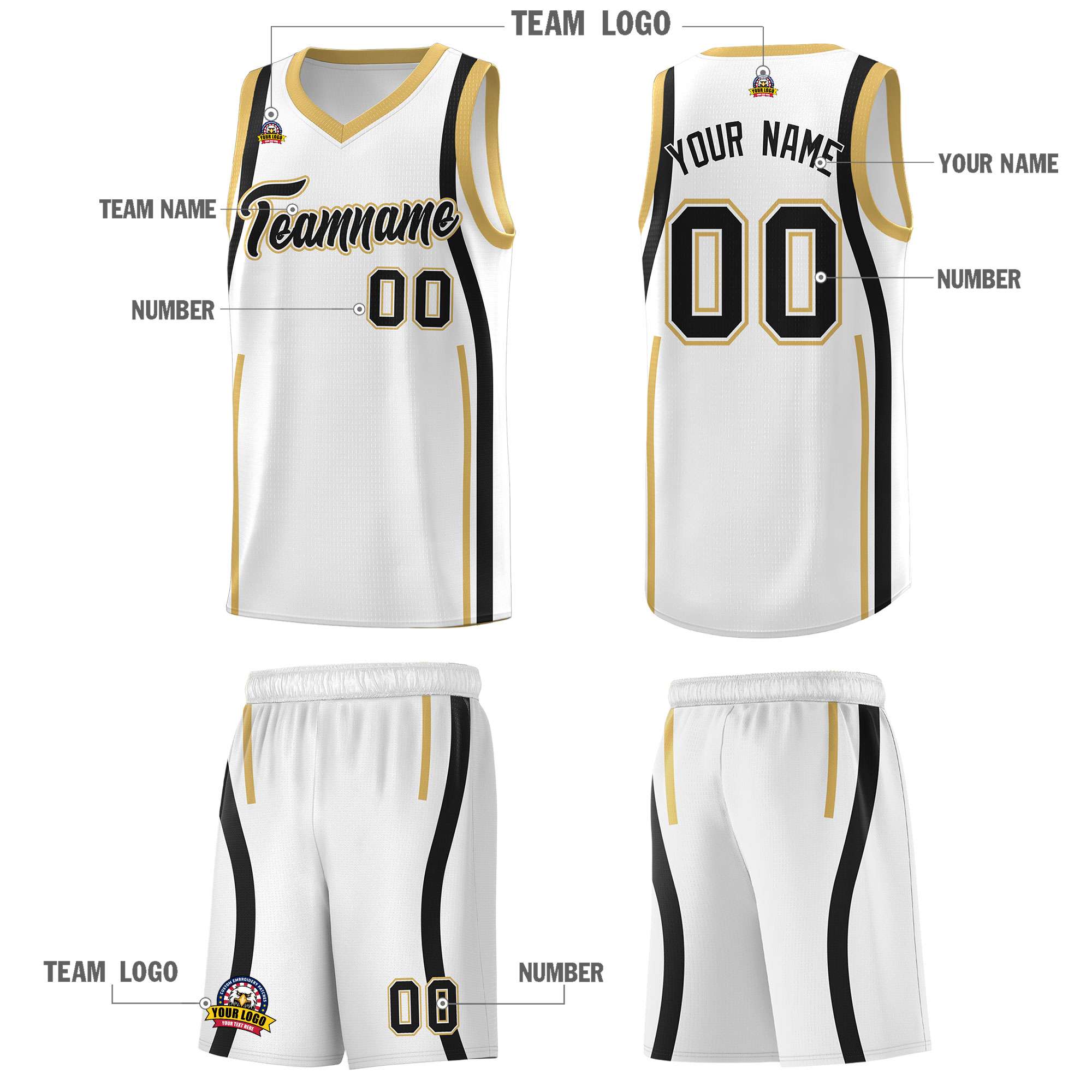 Custom White Black-White Ribbon Pattern Basketball Kits
