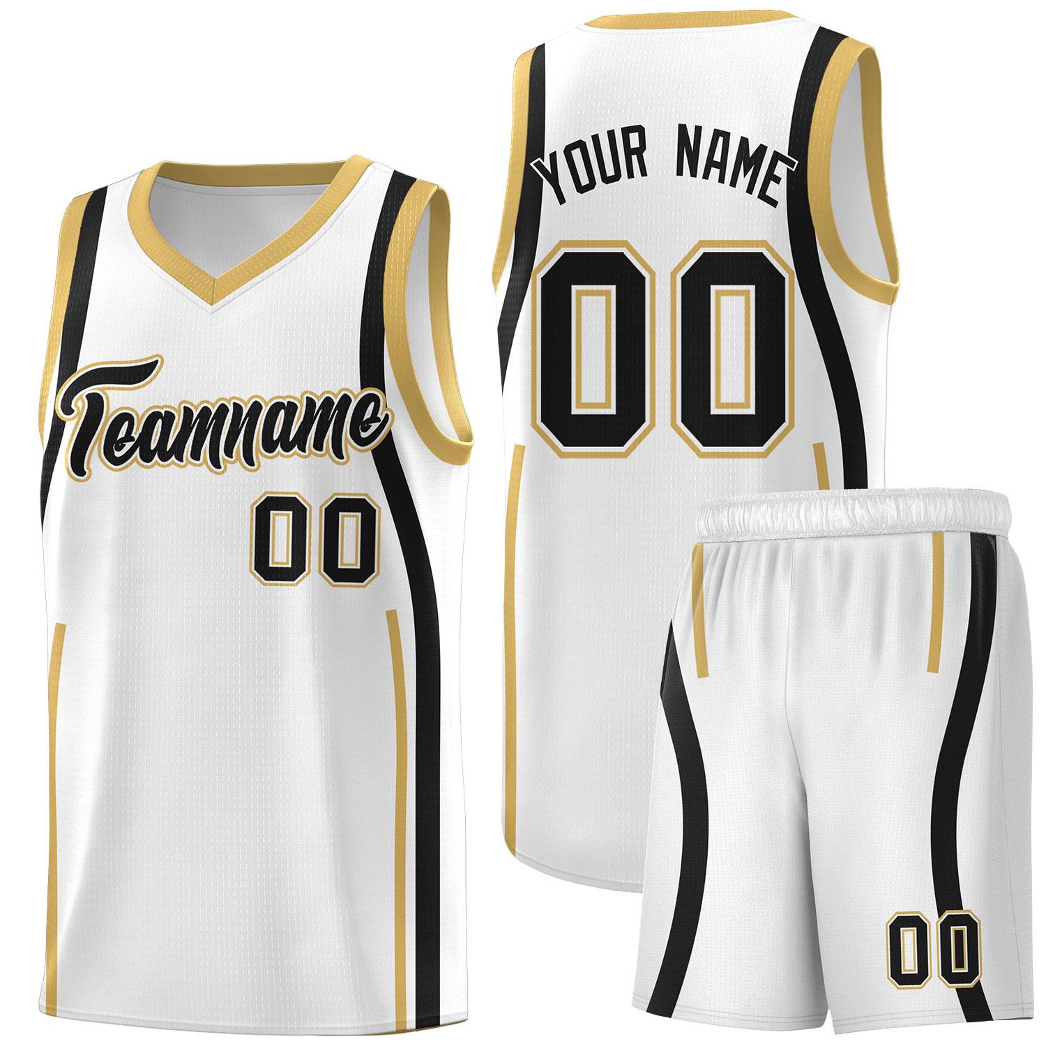 Custom White Black-White Ribbon Pattern Basketball Kits