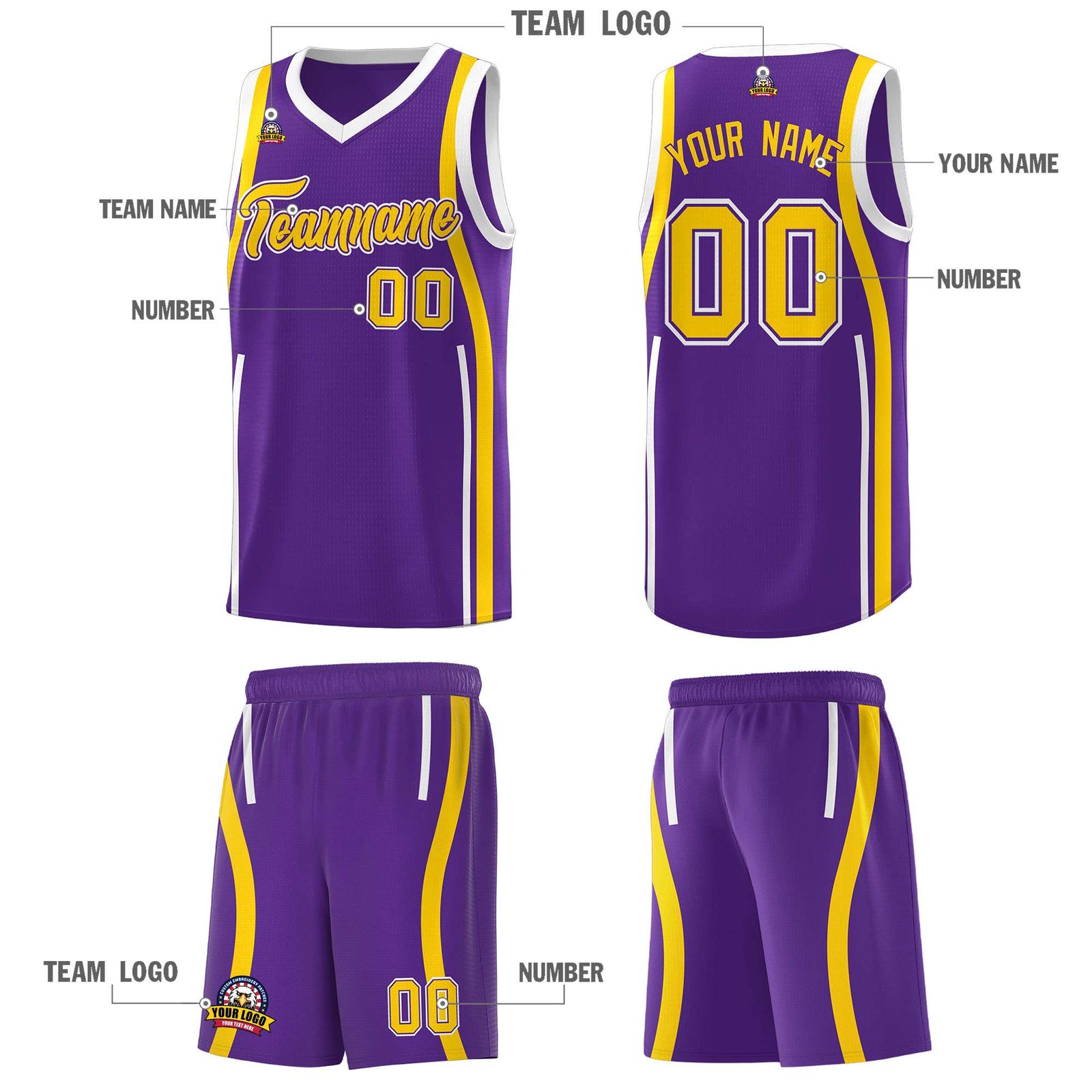 Custom Purple Gold-White Ribbon Pattern Basketball Kits