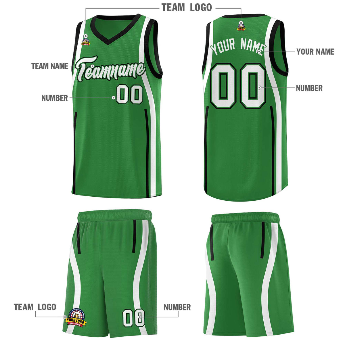 Custom Kelly Green Black-White Ribbon Pattern Basketball Kits