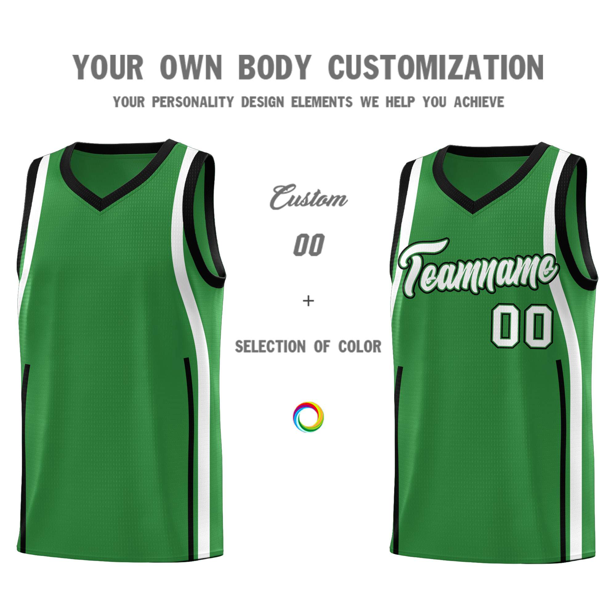 Custom Kelly Green Black-White Ribbon Pattern Basketball Kits