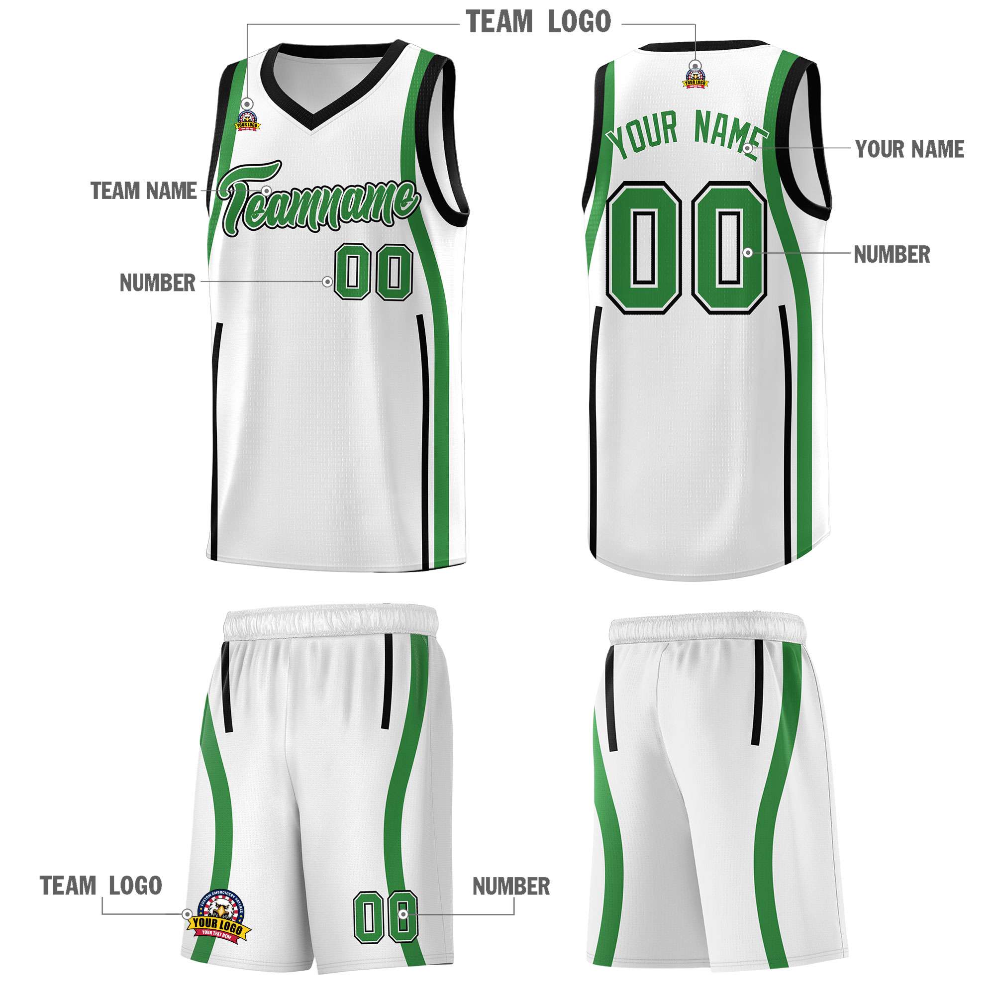 Custom White Kelly Green-White Ribbon Pattern Basketball Kits