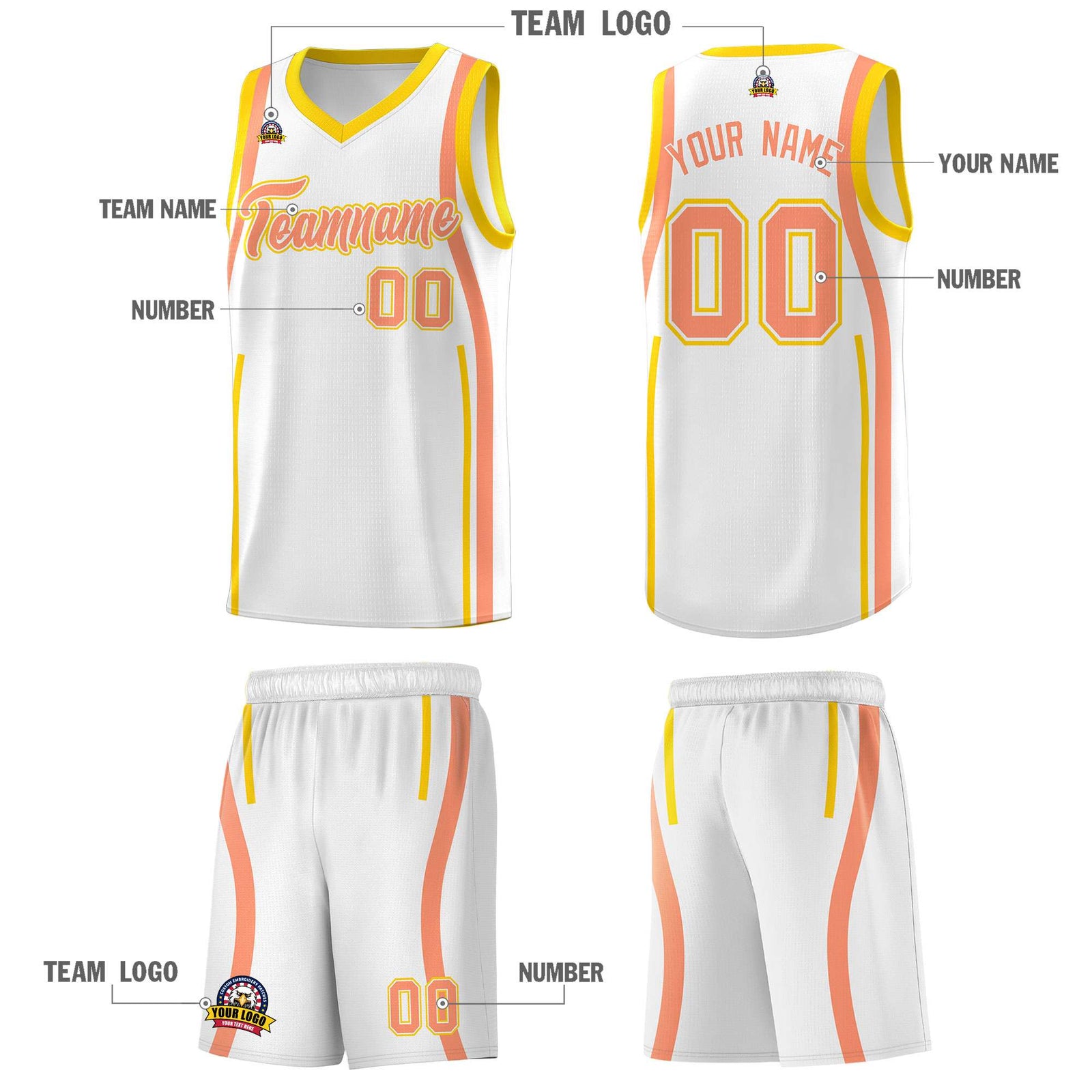 Custom White Light Orange-Gold Ribbon Pattern Basketball Kits