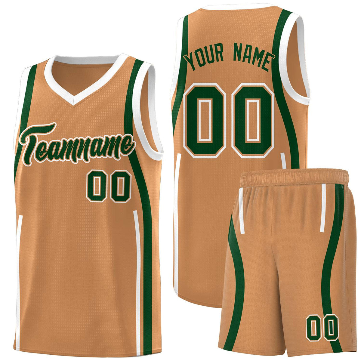 Custom Buckskin Brown Green-White Ribbon Pattern Basketball Kits