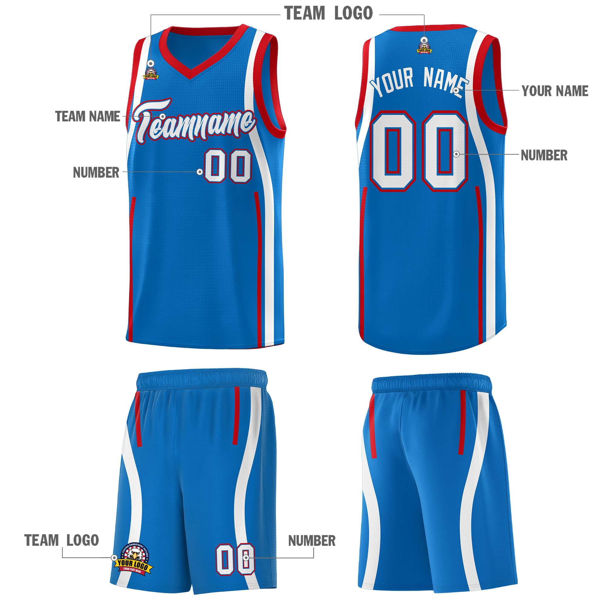 Custom Royal Red-White Ribbon Pattern Basketball Kits