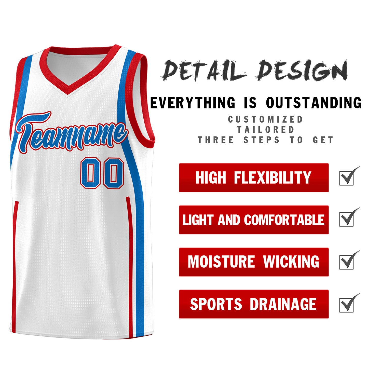 Custom White Royal-Red Ribbon Pattern Basketball Kits