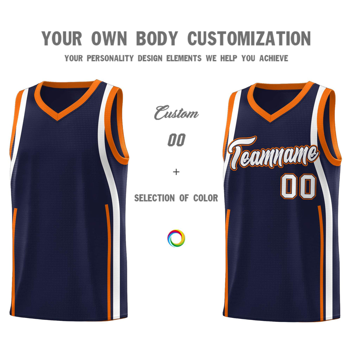 Custom Navy Orange-White Ribbon Pattern Basketball Kits