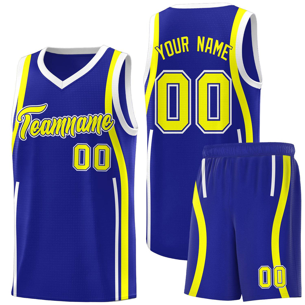Custom Royal Fluorescent Yellow-White Ribbon Pattern Basketball Kits