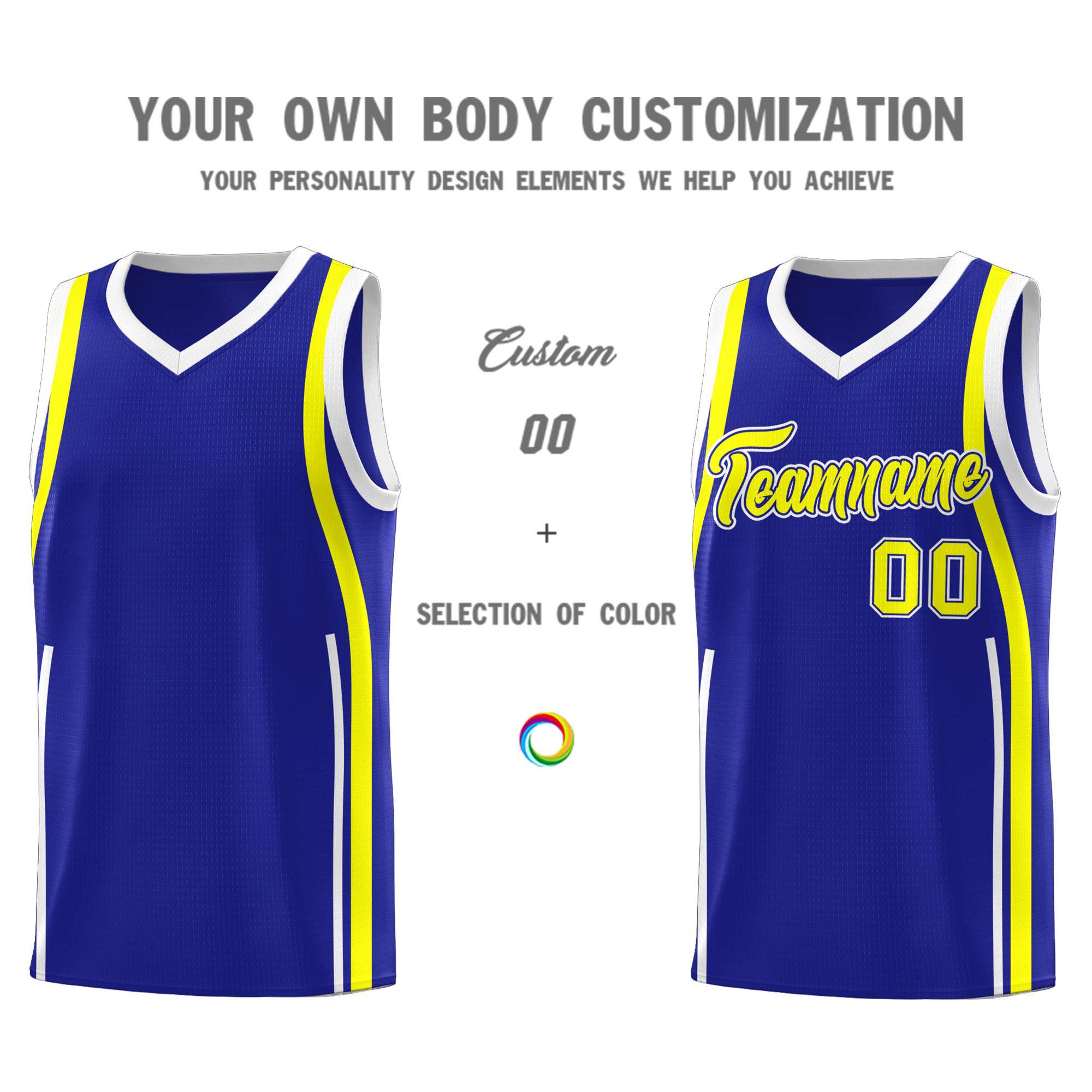 Custom Royal Fluorescent Yellow-White Ribbon Pattern Basketball Kits