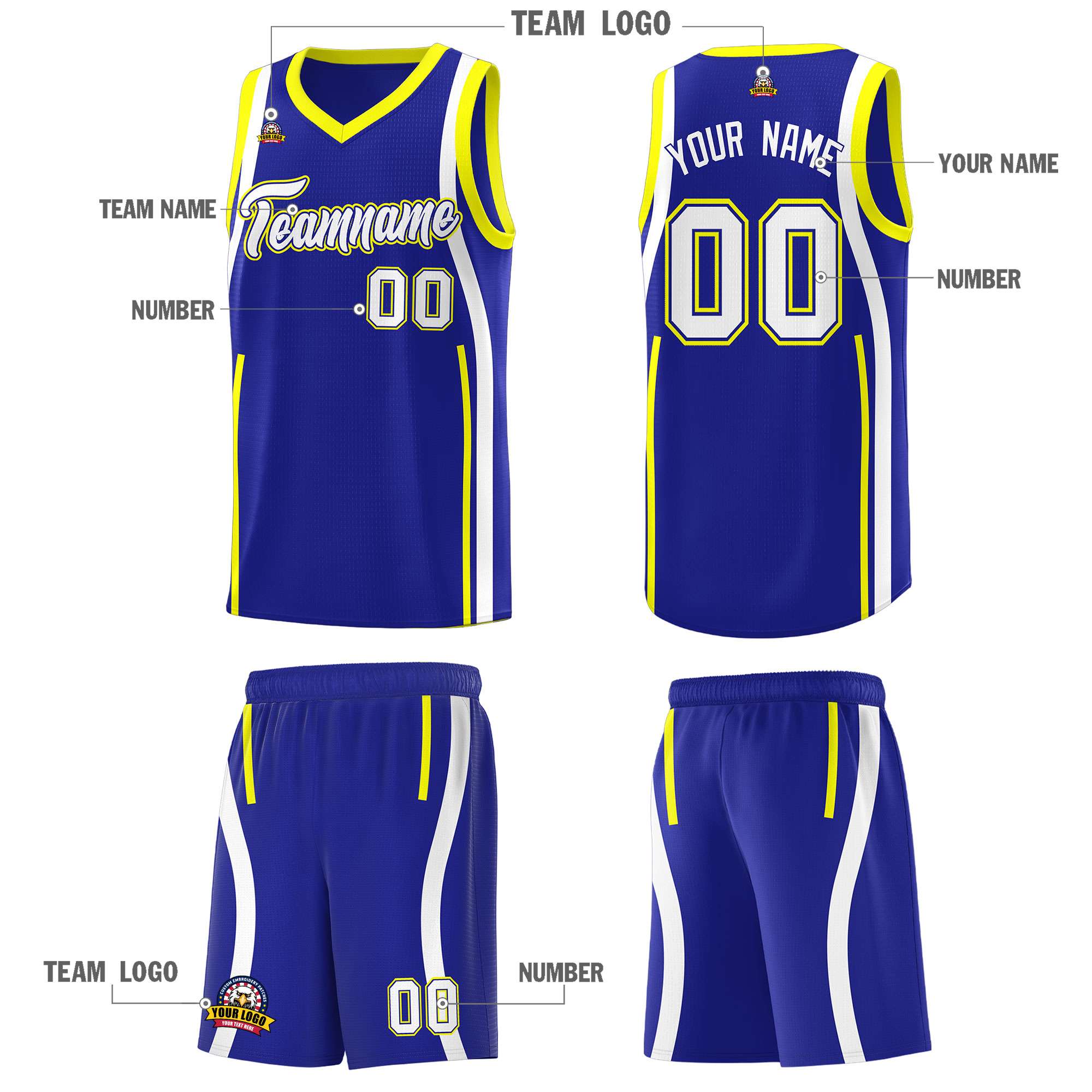 Custom Royal Fluorescent Yellow-White Ribbon Pattern Basketball Kits