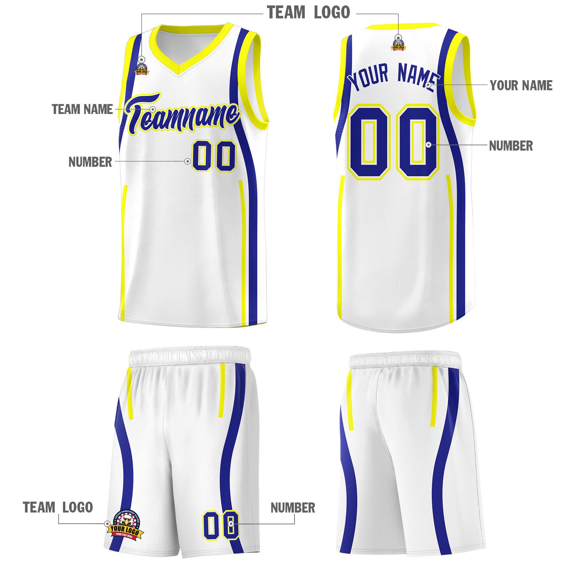 Custom White Royal-Fluorescent Yellow Ribbon Pattern Basketball Kits