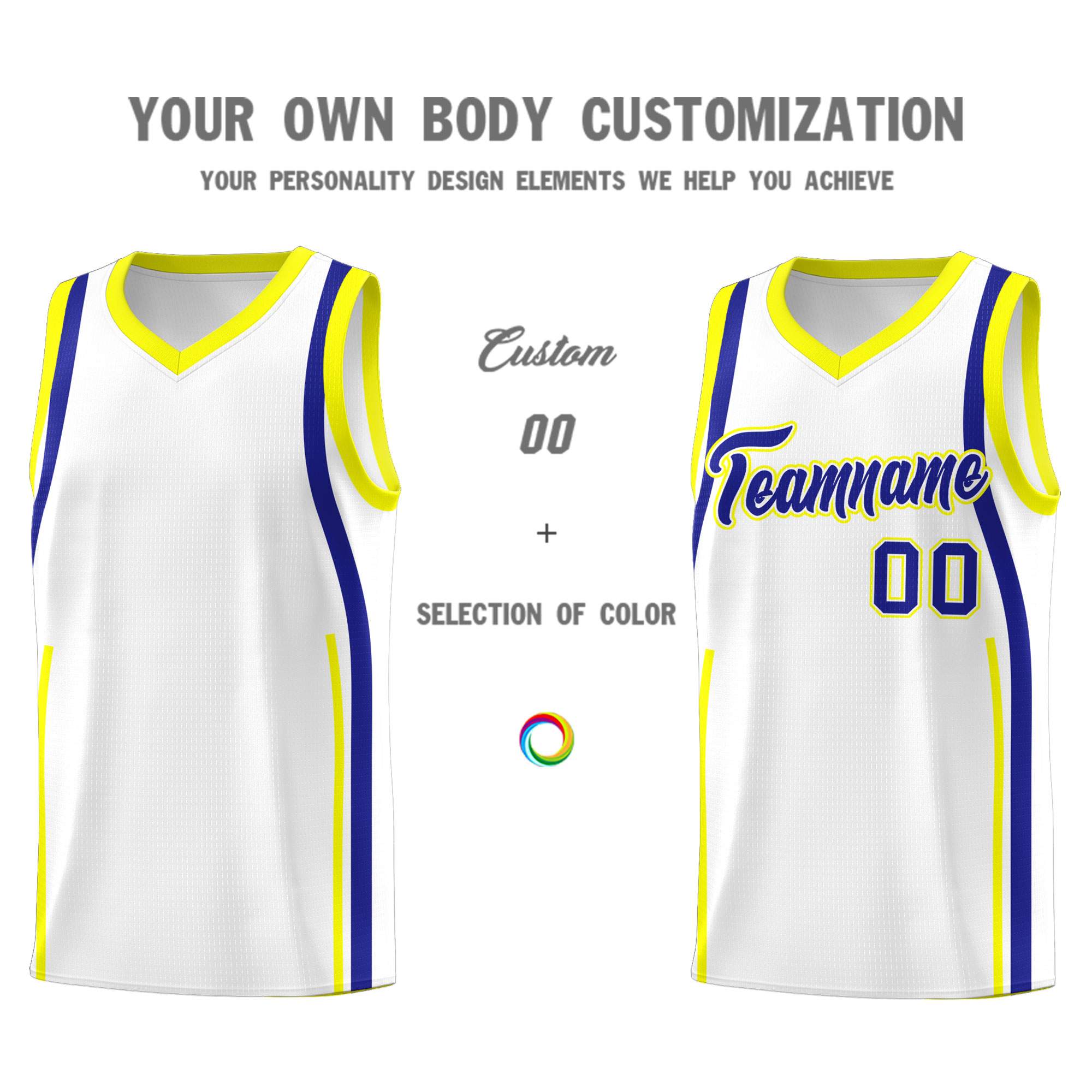 Custom White Royal-Fluorescent Yellow Ribbon Pattern Basketball Kits