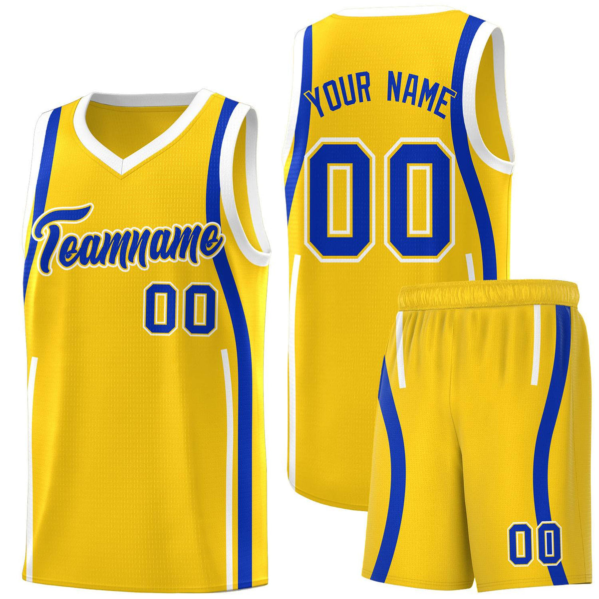 Custom Gold Royal-White Ribbon Pattern Basketball Kits