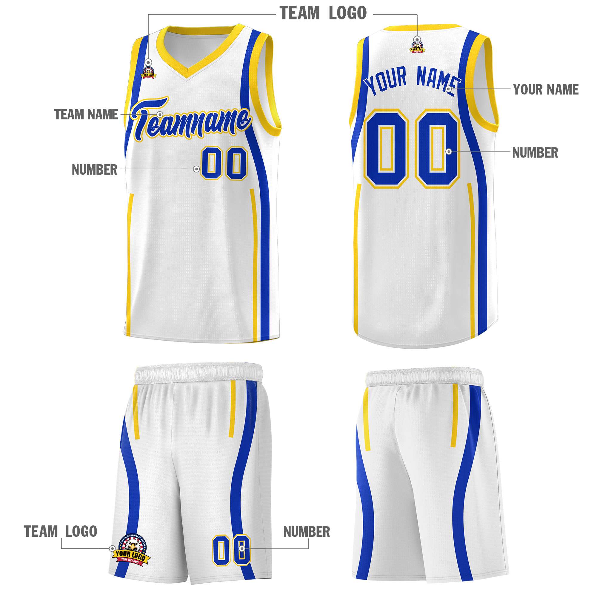 Custom White Royal-Gold Ribbon Pattern Basketball Kits