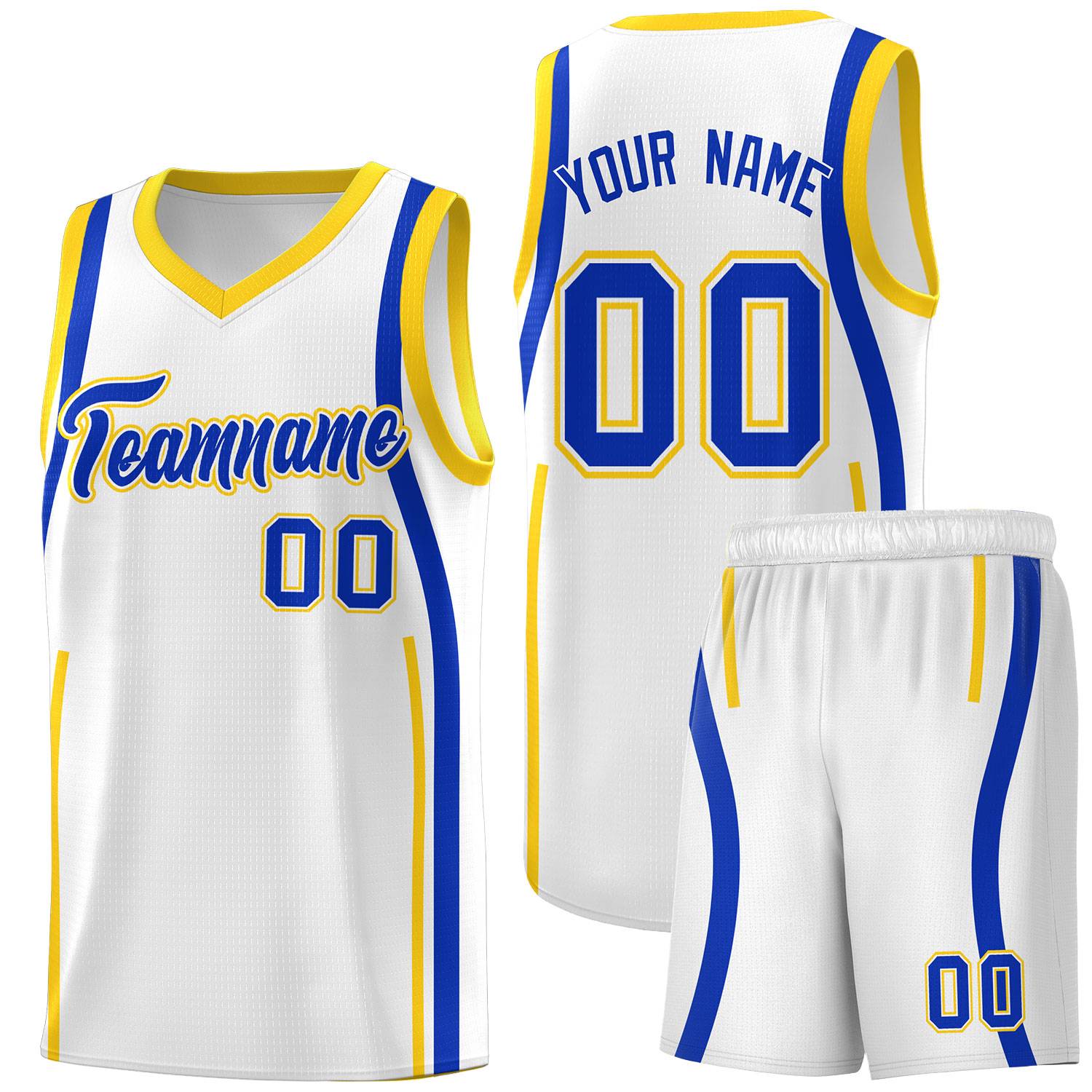 Custom White Royal-Gold Ribbon Pattern Basketball Kits