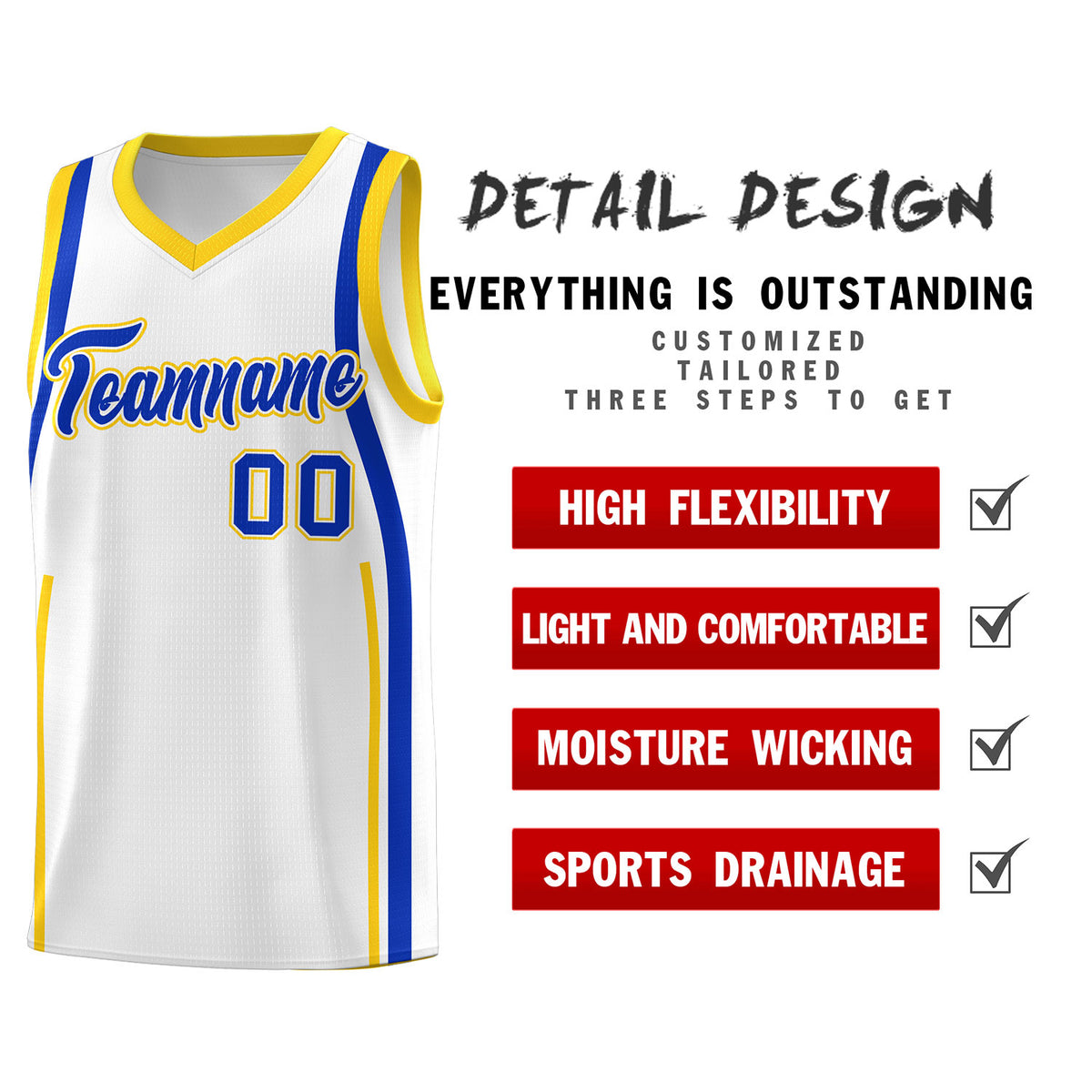 Custom White Royal-Gold Ribbon Pattern Basketball Kits