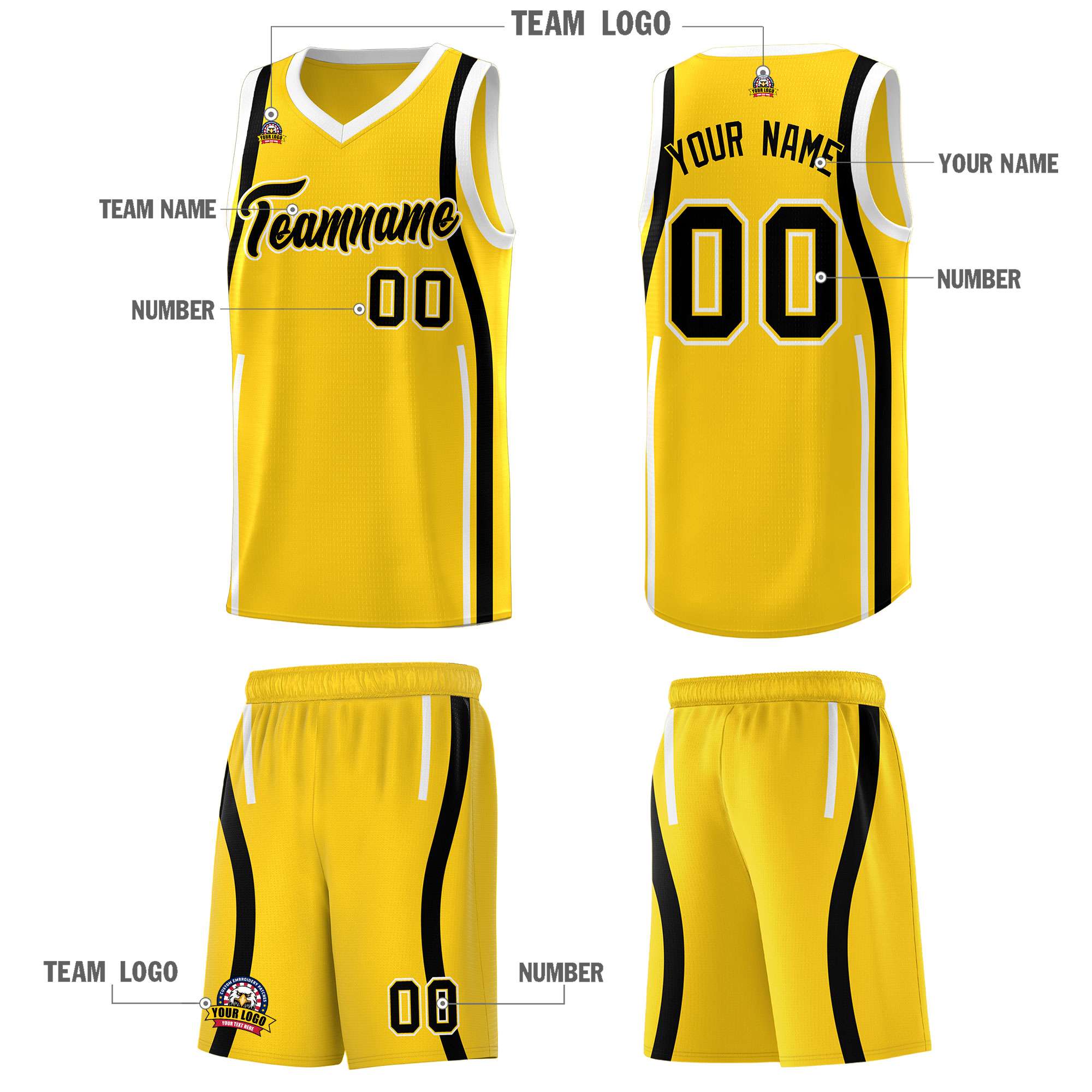 Custom Gold Black-White Ribbon Pattern Basketball Kits