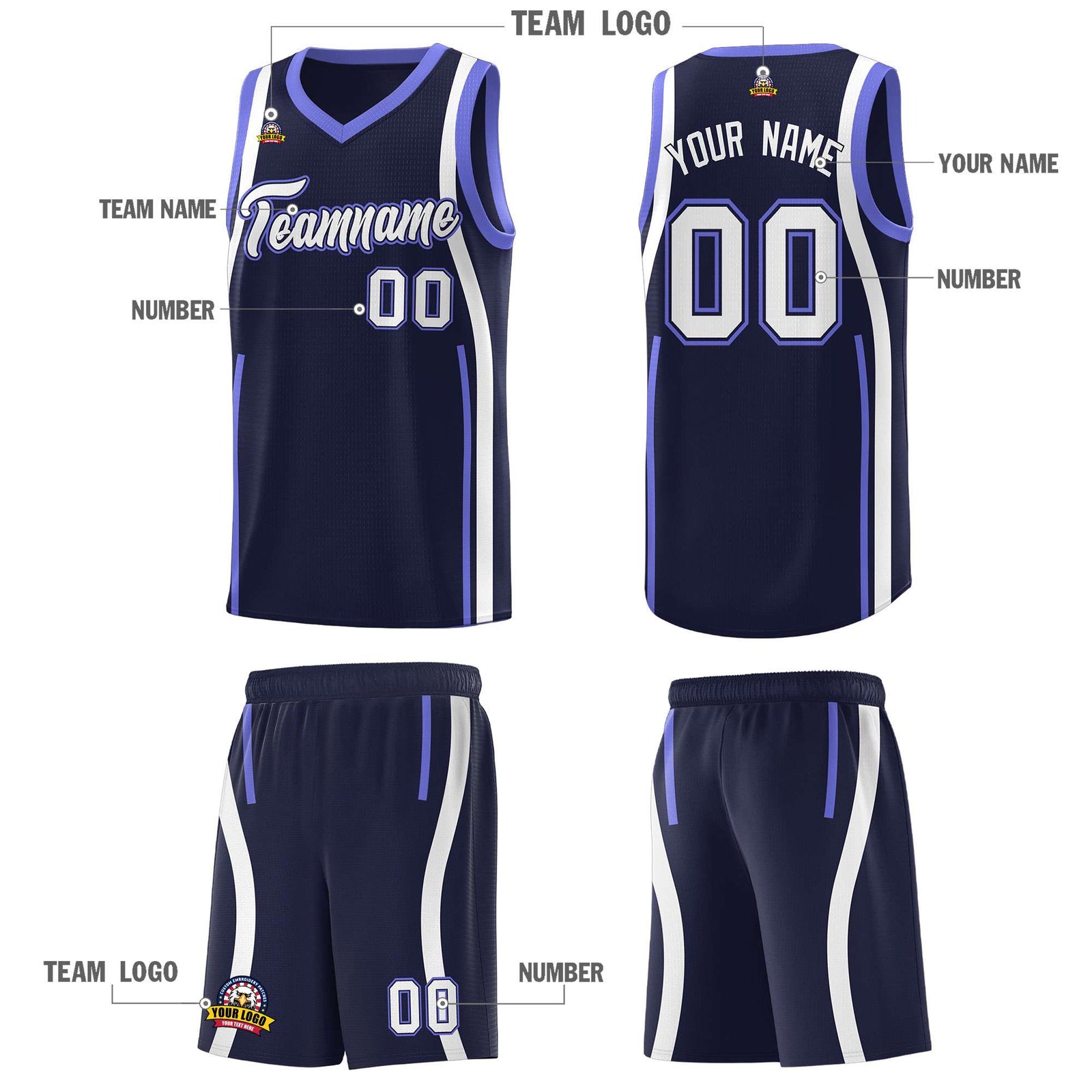 Custom Navy Purple-White Ribbon Pattern Basketball Kits