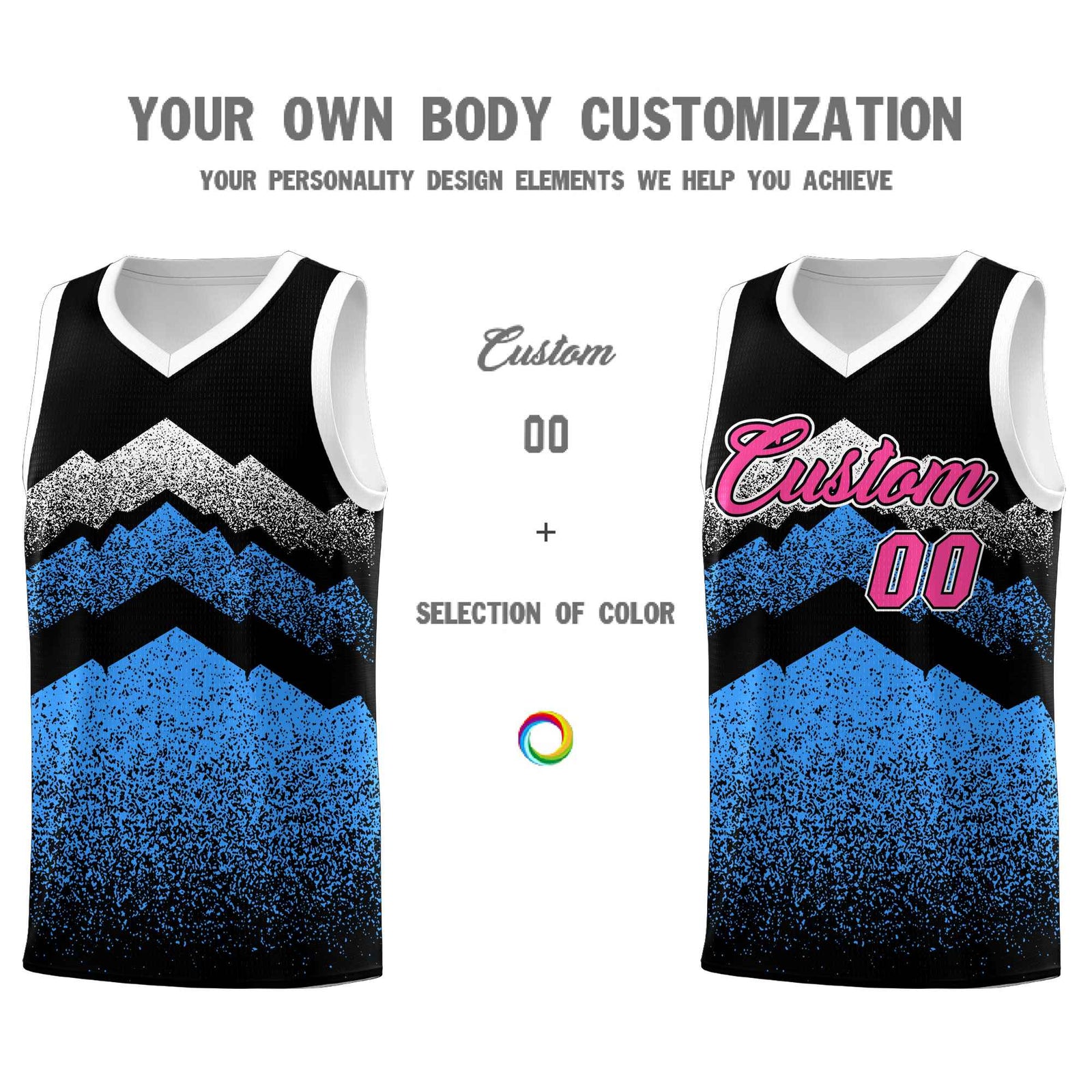 Personalized Youth Basketball Jerseys   Black Powder Blue Gradient Mountain Design Uniforms