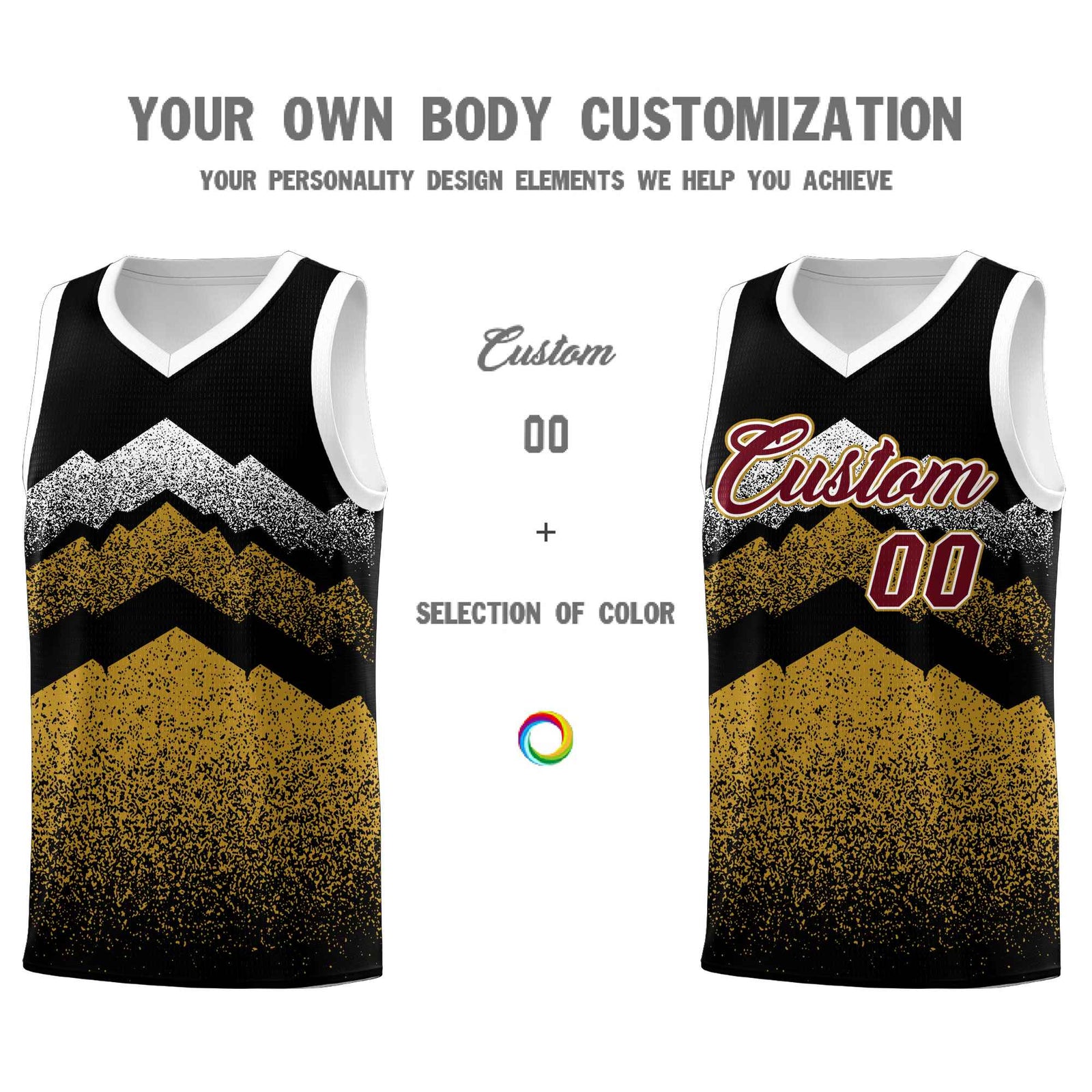 Custom Youth Basketball Jerseys Black Old Gold Gradient Mountain Design Uniforms