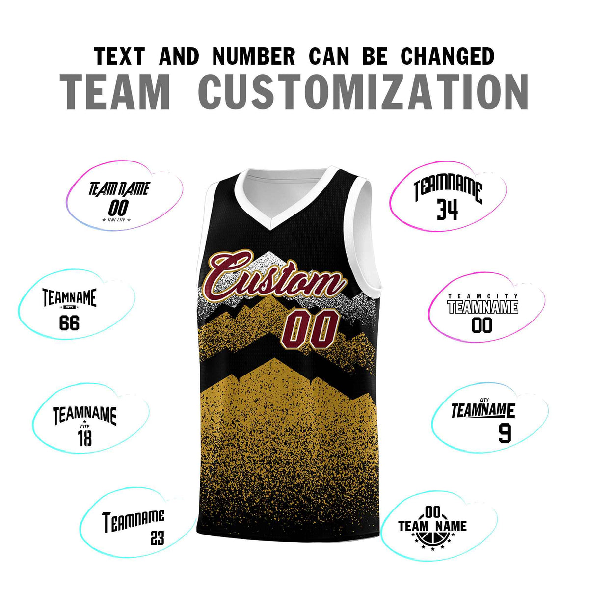 Custom Youth Basketball Jerseys Black Old Gold Gradient Mountain Design Uniforms