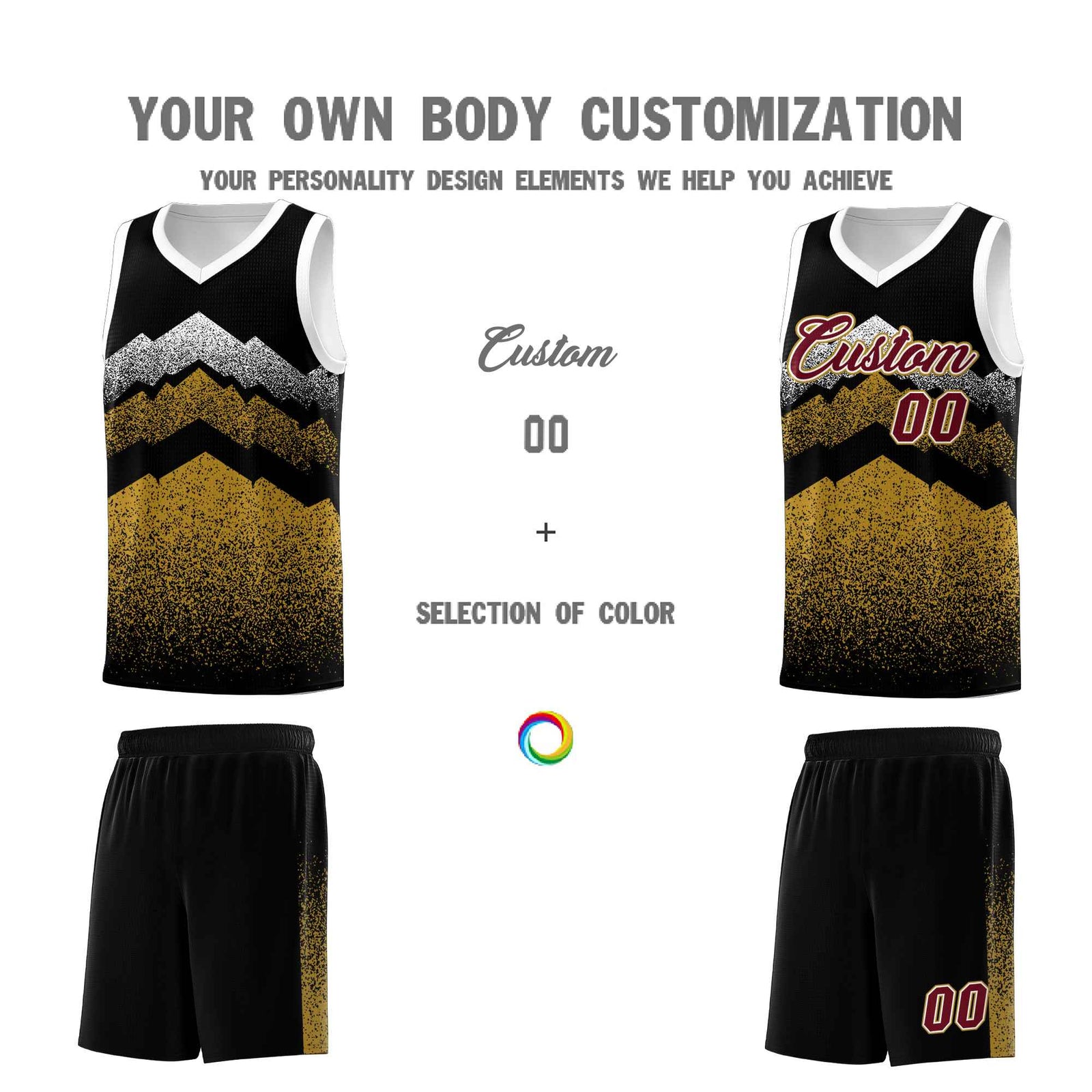 Custom Youth Basketball Jerseys Black Old Gold Gradient Mountain Design Uniforms