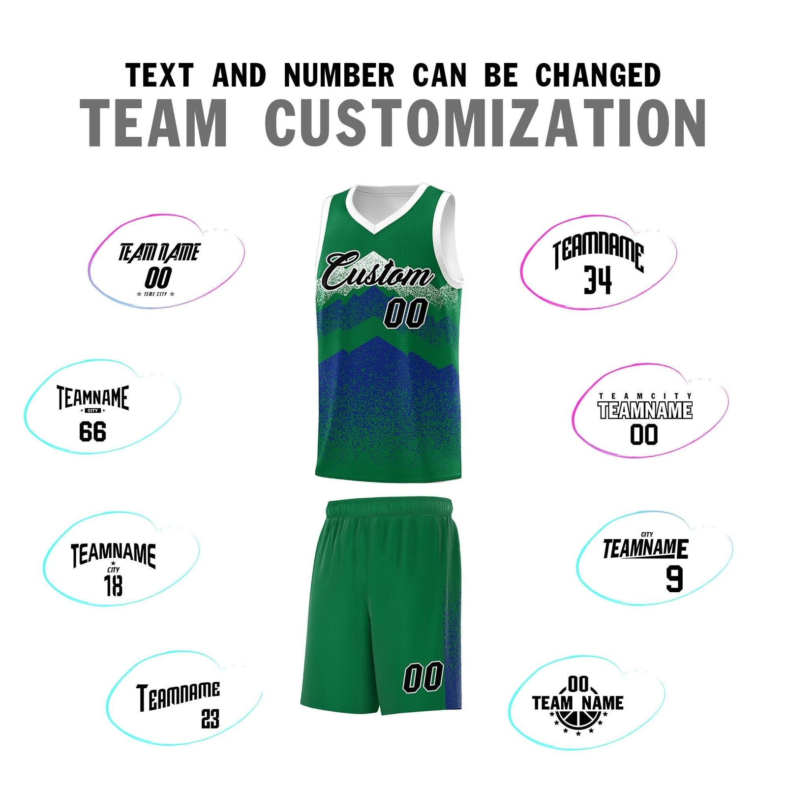 Custom Youth Basketball Jerseys Green Royal Gradient Mountain Design Uniforms